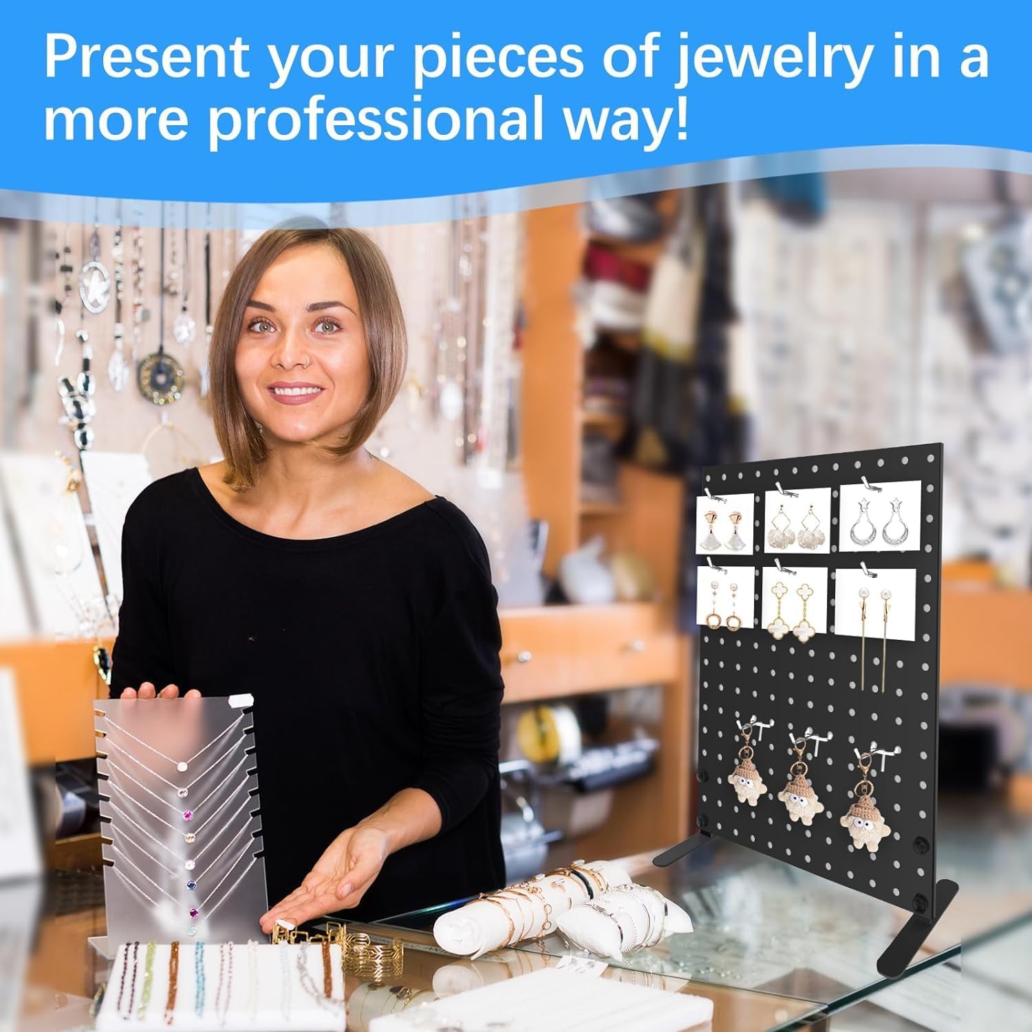 4 PCS Pegboard Display Stand With 40 Peg Hooks for Retail Craft Shows & Fairs - Metal Product Merchandise Display Rack for Selling Accessories, Display Stands for Boutique, Stores, Vendors & Events (4pcs)