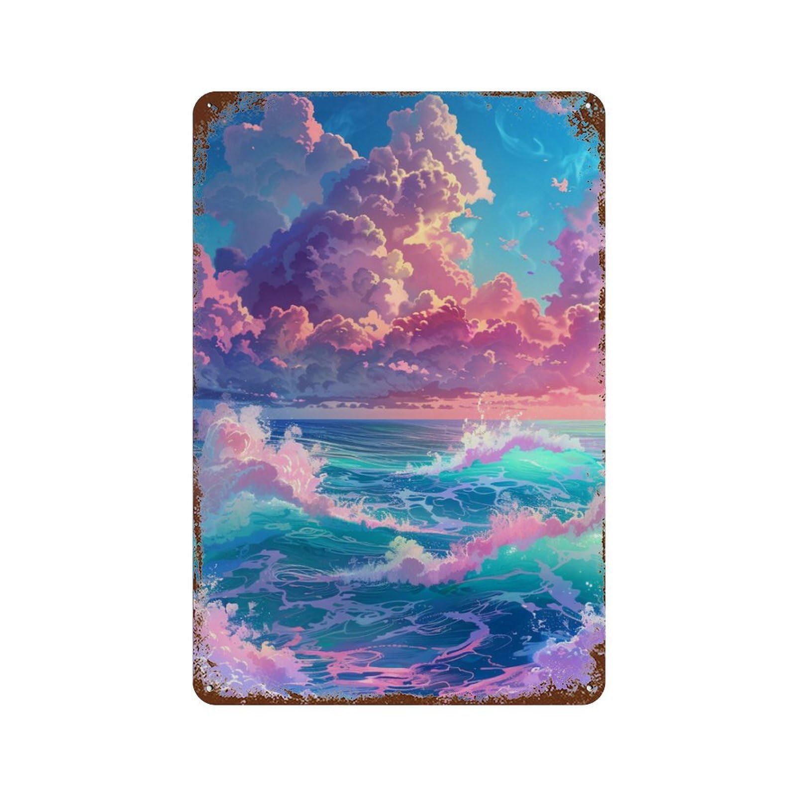 Rust Effect Pastel Ocean Waves Weathered Tin Sign 11.8"x7.9", Retro Wall Decor for Garage, Bar And Workshop Decor
