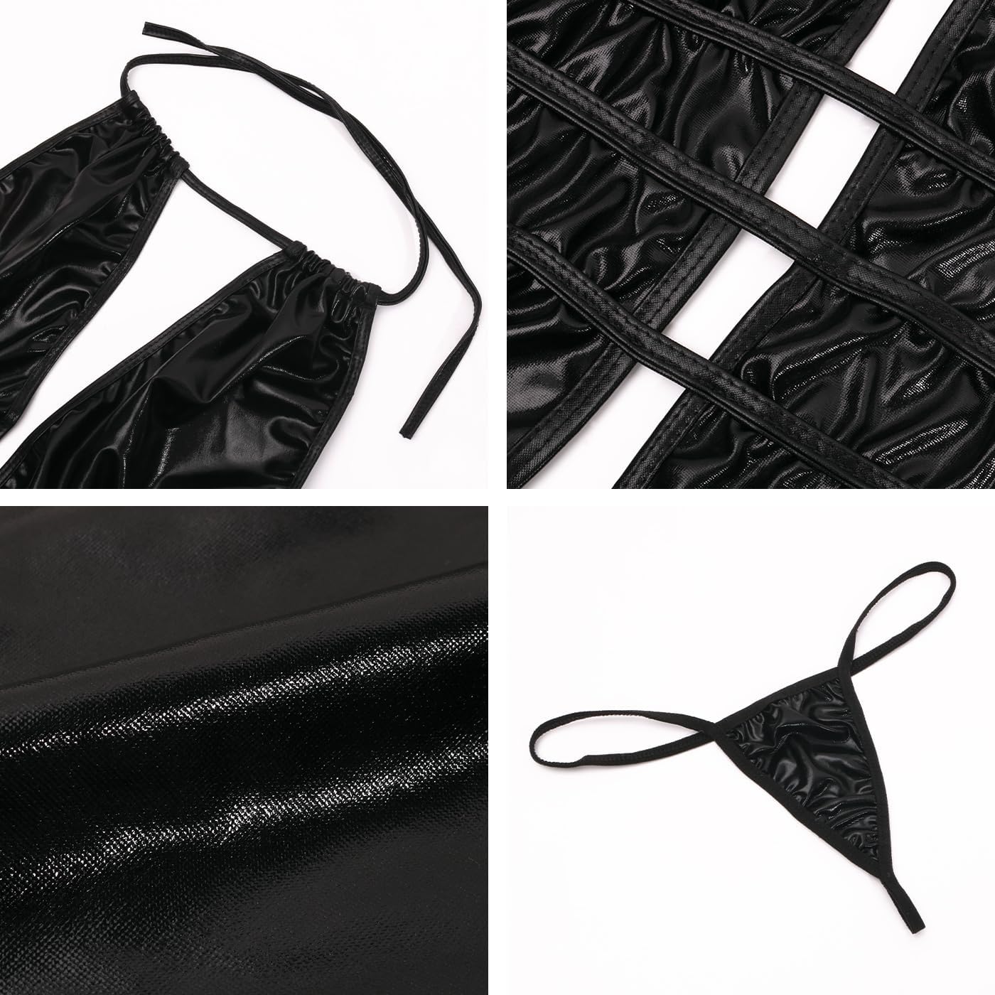Women Leather Halter Dress Sexy Deep V Neck PU Leather Lingerie Club Bodycon Nightclub Dresses Tie Back Wet Look Outfit