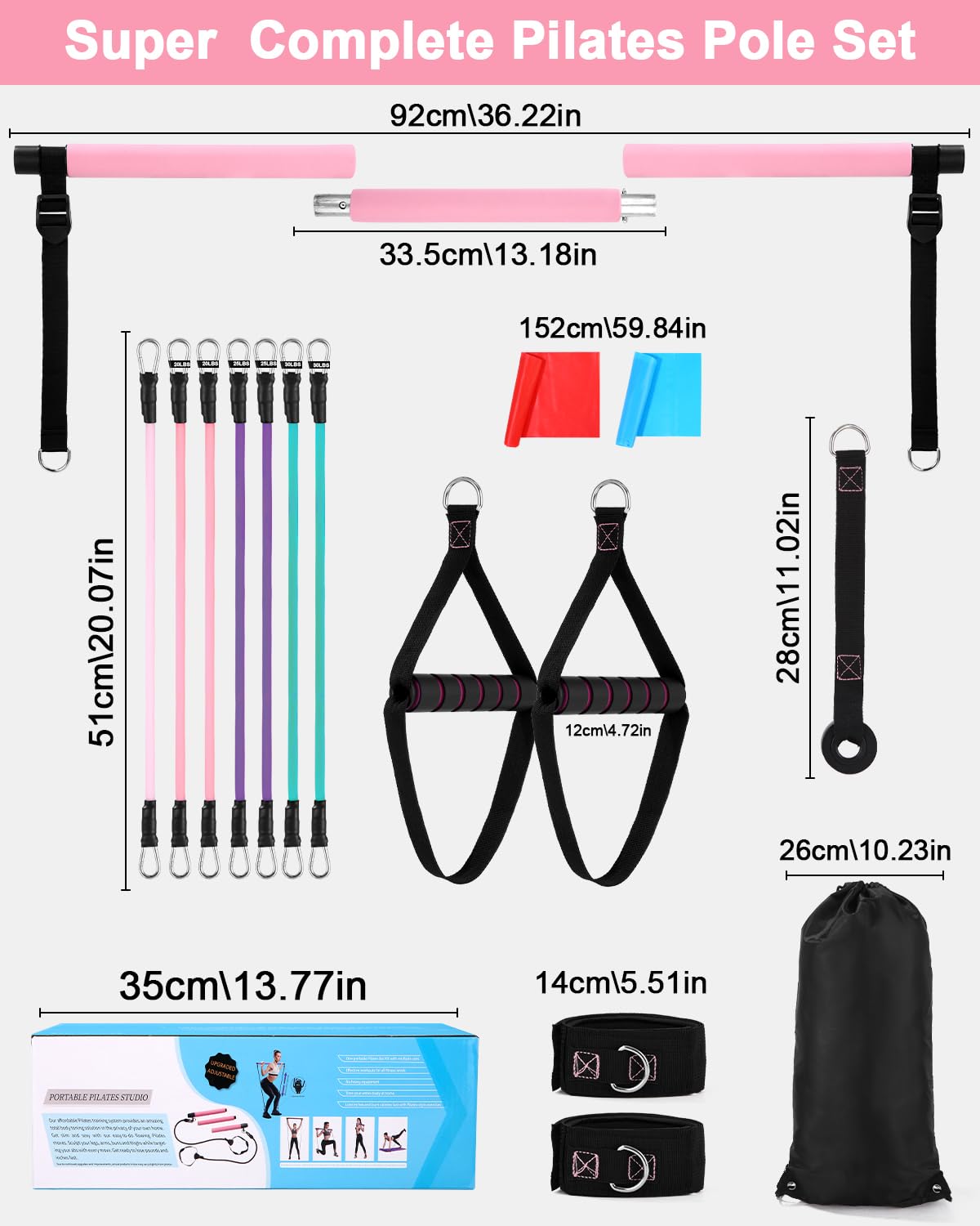 Fitnessbänder Pilates Bar Set mit 6 Widerstandsbänder (20/25/30 Lbs) Verstellbare Resistance Bands Pilates Stange, Fitnessband mit Türanker, Griffe, Knöchelriemen, Pilates Set für Home Gym Yoga