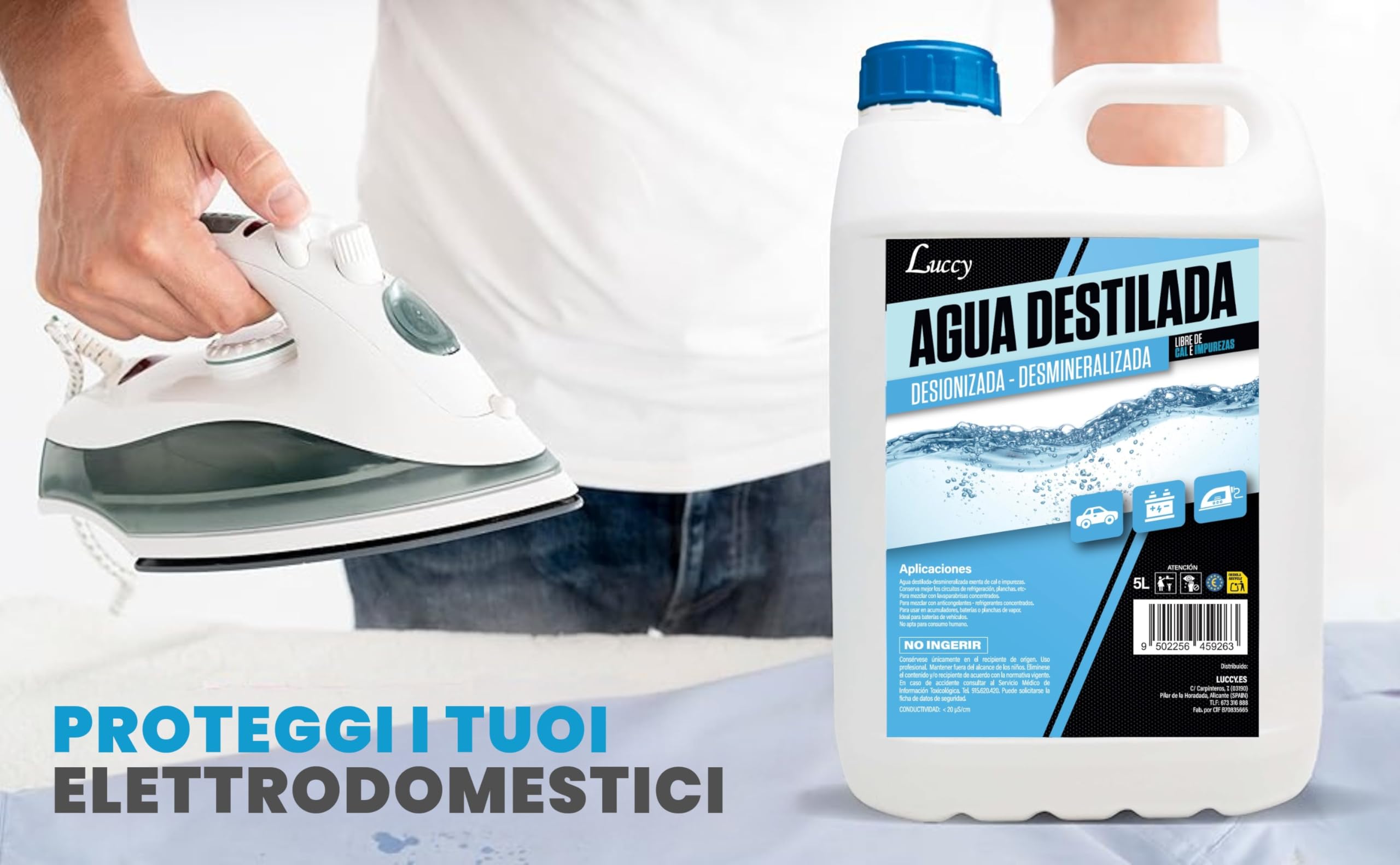 LUCCY Acqua Distillata Demineralizzata Deionizzata 5 Litri | 100% Acqua Pura | CPap, Umidificatore, Ferro, Motori, Pulizia, Laboratori, Piante