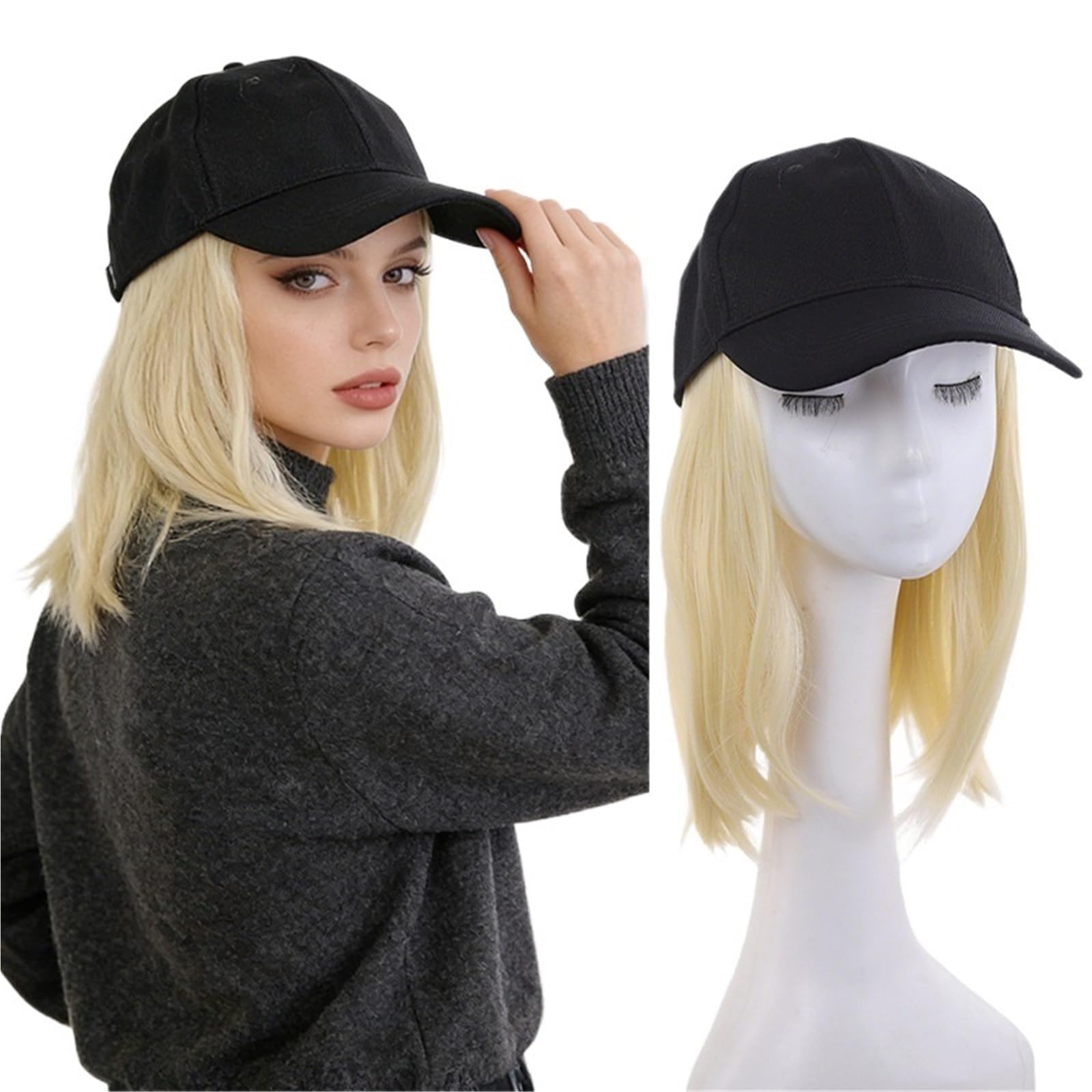 Libangrong-888 Women's Gold Wigs Hat Wig Integrated Mid To Long Hair Full Head Cover Natural Wig(Gold)