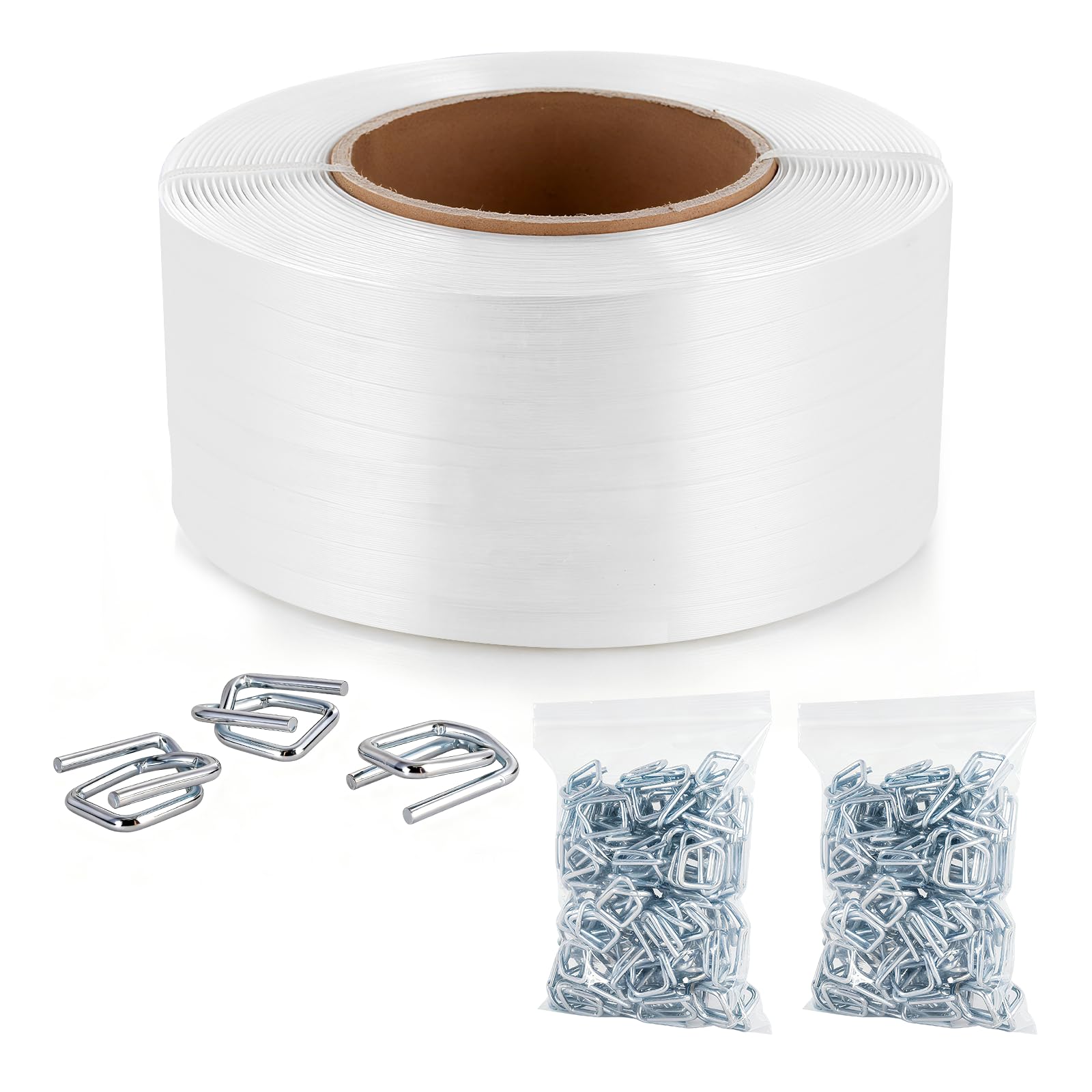 Sangle polyester 560m 19mm résistante 725kg, 200 boucles de cerclage 19mm