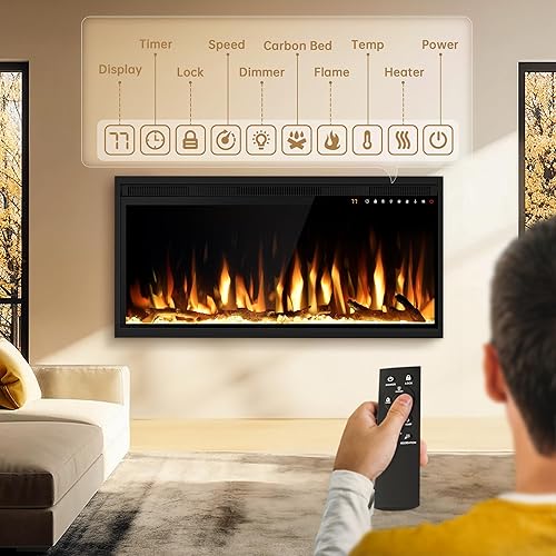 Miniatura 6 de ALPACA Calentador de chimenea eléctrico de 36 pulgadas, chimenea lineal empotrada en la pared y montada en la pared, 13 colores de llama ajustables