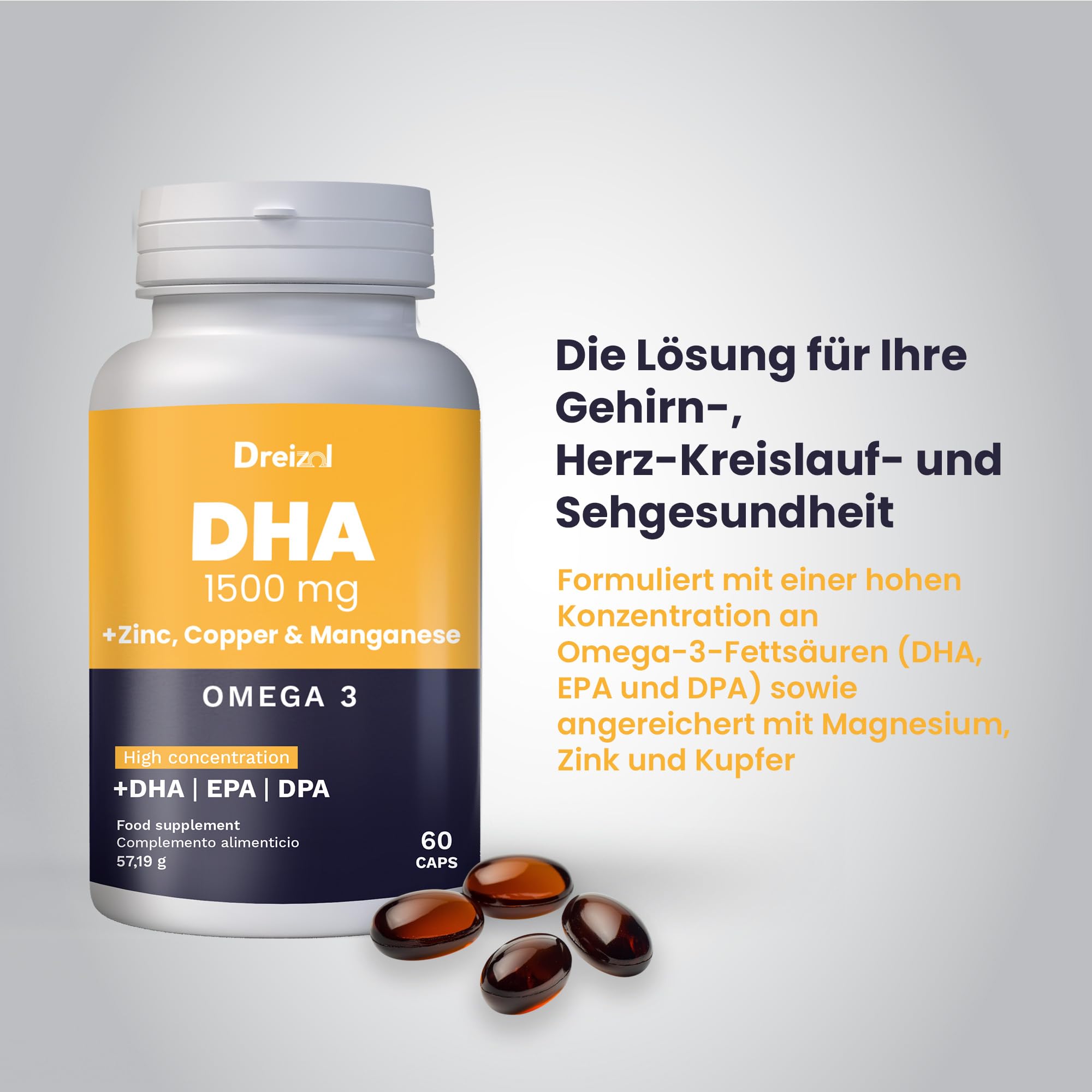 Omega 3 DHA 1500 mit EPA und DPA + Magnesium, Zink und Kupfer - Hohe Konzentration - Unterstützt Augengewebe, Netzhaut sowie Herz- und Gehirngesundheit - Glutenfrei - GMO-frei - 60 Kapseln