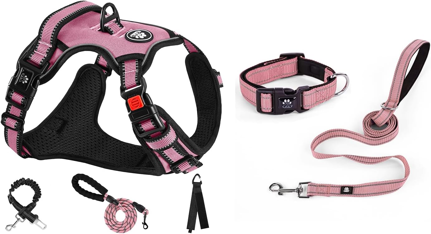 NESTROAD No Pull Dog Harness Set Bundle Dog Collar and Leash Set | Medium | Pink