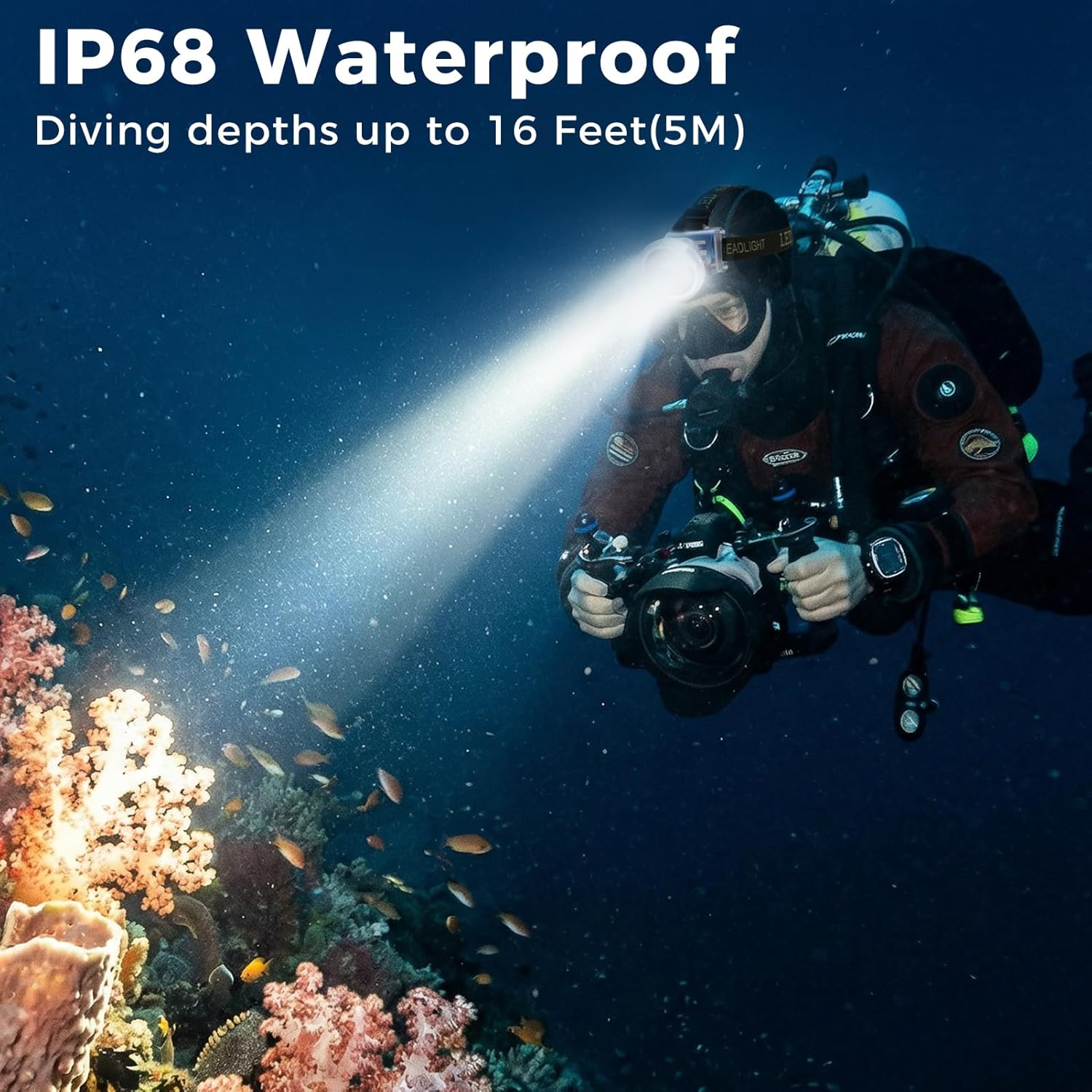 Rechargeable Diving Headlamp, 4 Modes Headlight with Battery Level Indicator,10H Runtime Dual Switch Scuba Dive Light with Battery & USB Charger Cable