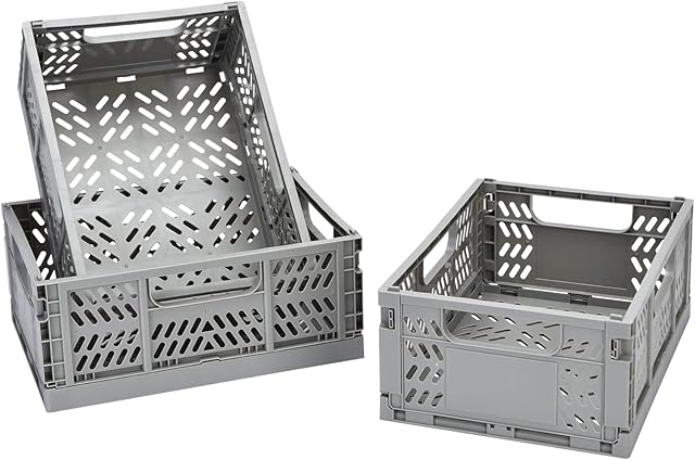 Small Storage Baskets 3 Pack, YETTA Foldable Plastic Storage Boxes, Stackable Crates Storage Boxes for Office, Grey
