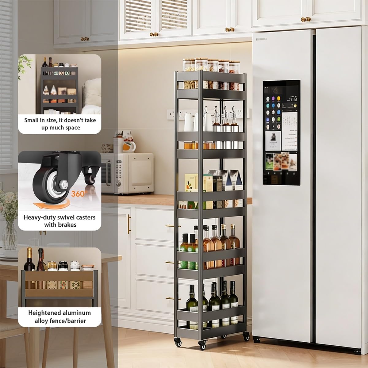 Slim Rolling Storage Cart,Slim Storage Cart for Small Spaces, Tall Narrow Pantry Shelf with Wheels, for Kitchen, Bathroom, Laundry(18.3x7.5x17.7in)