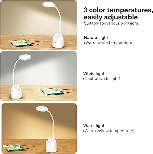 Miniatura 9 de Lámpara LED de escritorio para lectura en casa, oficina en casa, lámpara de mesa LED regulable con puerto de carga USB, control táctil, 3 modos de