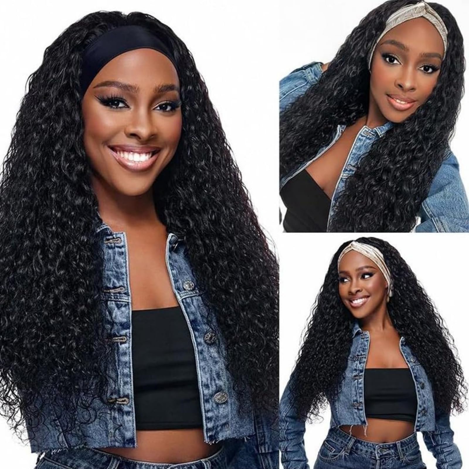 Jaffiust Deep Wave 28 Inch Glueless Headband Wig, High Temperature Wire None Lace Front, Natural Color Deep Curly Synthetic Hair