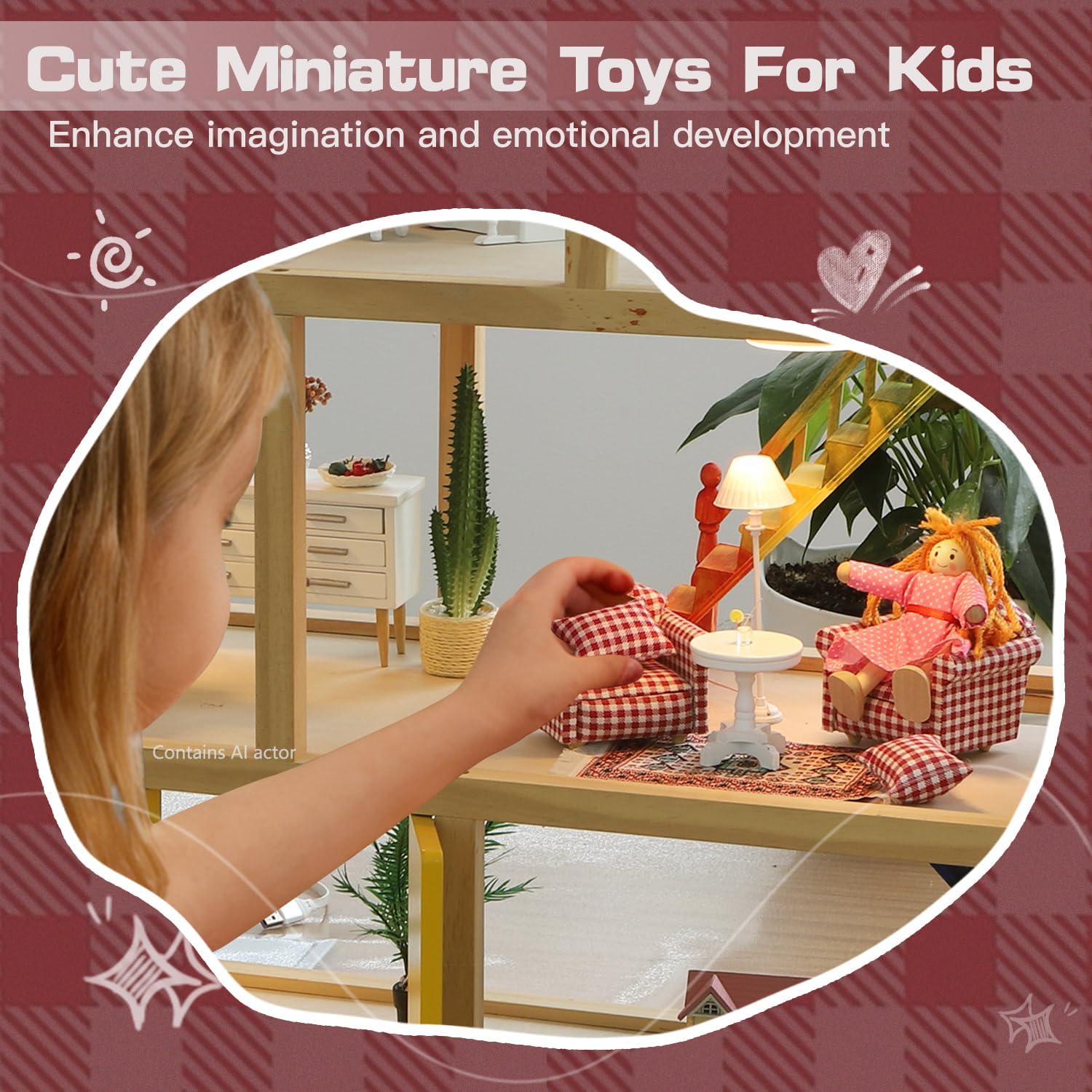 iLAND Cute Kids Toys for Girls 6-8 Lovely Dollhouse Furniture on 1/12 Scale Gingham Doll House Couch Set inc 2 Miniature Sofas 1 End Table 1 Rug Small for Girls