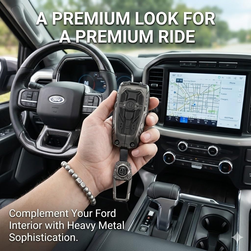 Mech Style Key Fob Cover for Ford F150 Explorer, 5 Buttons Gunmetal | Premium zinc alloy armor for Ford 5-button smart keys. Features glow-in-the-dark buttons and 100% signal transparency.