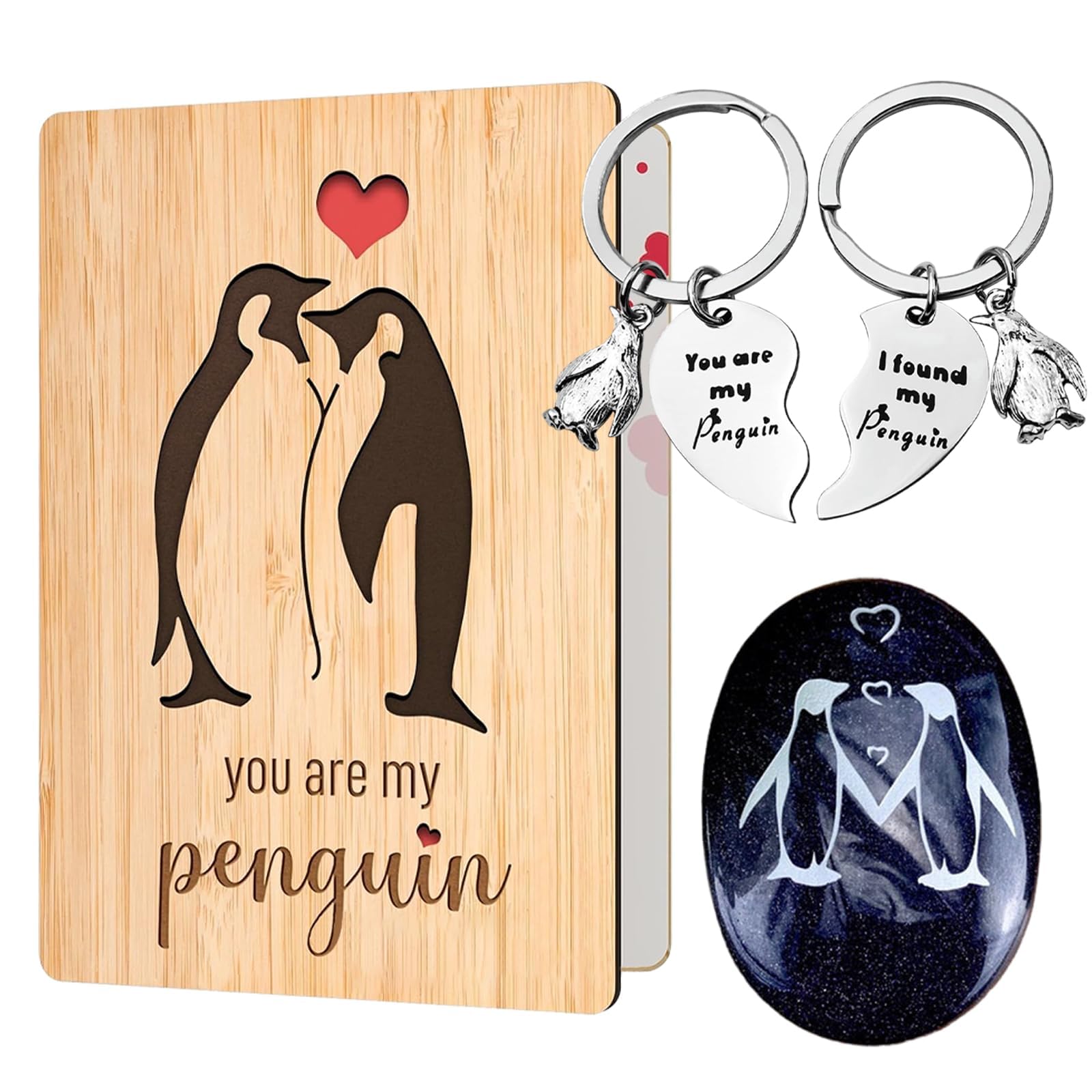 Dalaetus Wood Color 4 Pcs Penguin Heart Keyring Gift Set, You Are My Penguin Keyrings With Penguin Greeting Card, Penguin Pebble With Pouch And Gift Box For Him, Her, Love Gift For Valentines Day