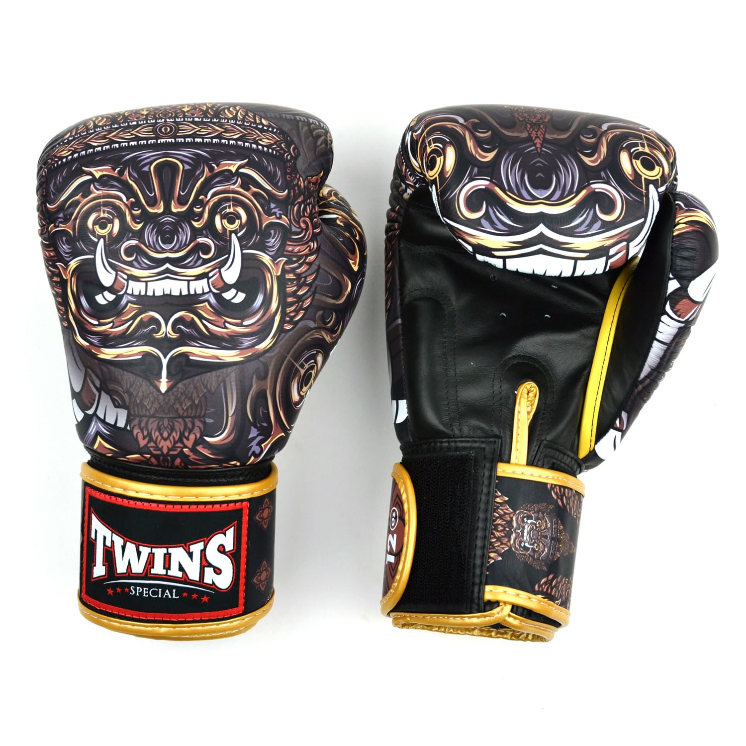 Twins Special FBGVL4 Printed Design Leather Boxing Gloves, Hook & Loop Closure, For Muay Thai, Boxing, Kickboxing & MMA Training & Sparring (Yakthai, 14oz) — image 1
