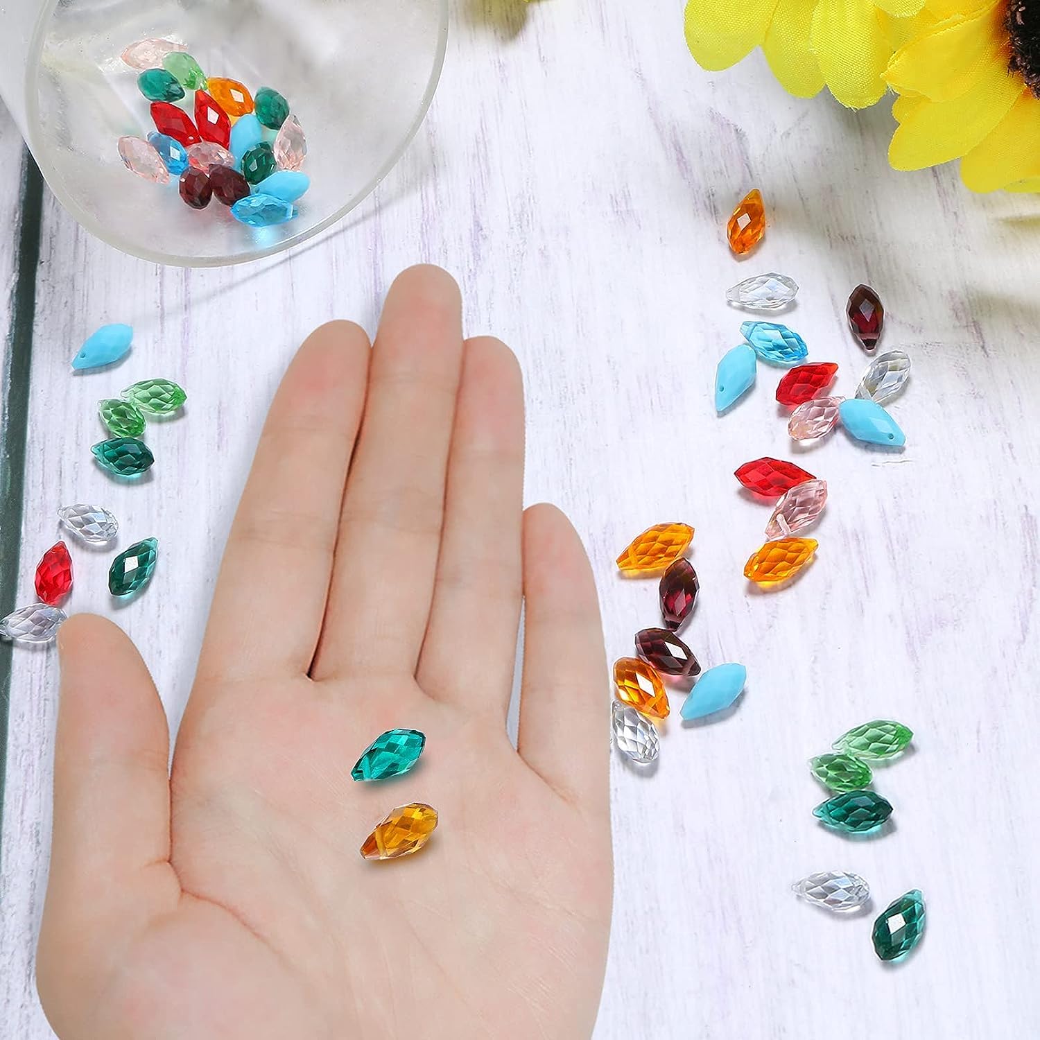 UHOMENY 100Pcs Mixed Colors Glass Beads Teardrop Crystal Beads for Crafts Prismatic Crystal Beads Water Drop Shape Top Drilled for Jewelry Craft Making Pendants Bracelet ,with Box - Image 3