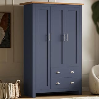 Blisswood Wardrobe for Bedroom, 3 Door 2 Drawer MDF Wooden Wardrobe with Hanging Rail, Modern Large Storage Cupboard Organiser with 4 Shelves, Triple Wardrobe for Bedroom Furniture (Blue & Oak)