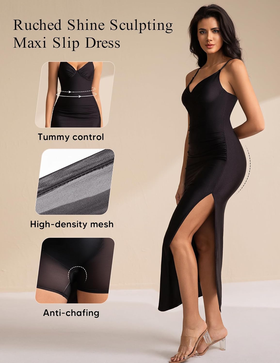 Shapewear Ruched Shine Sculpting Maxi Slip Dress Summer Black Bodycon Dresses Layered Formal Spaghetti Strap Full Slips - Image 3