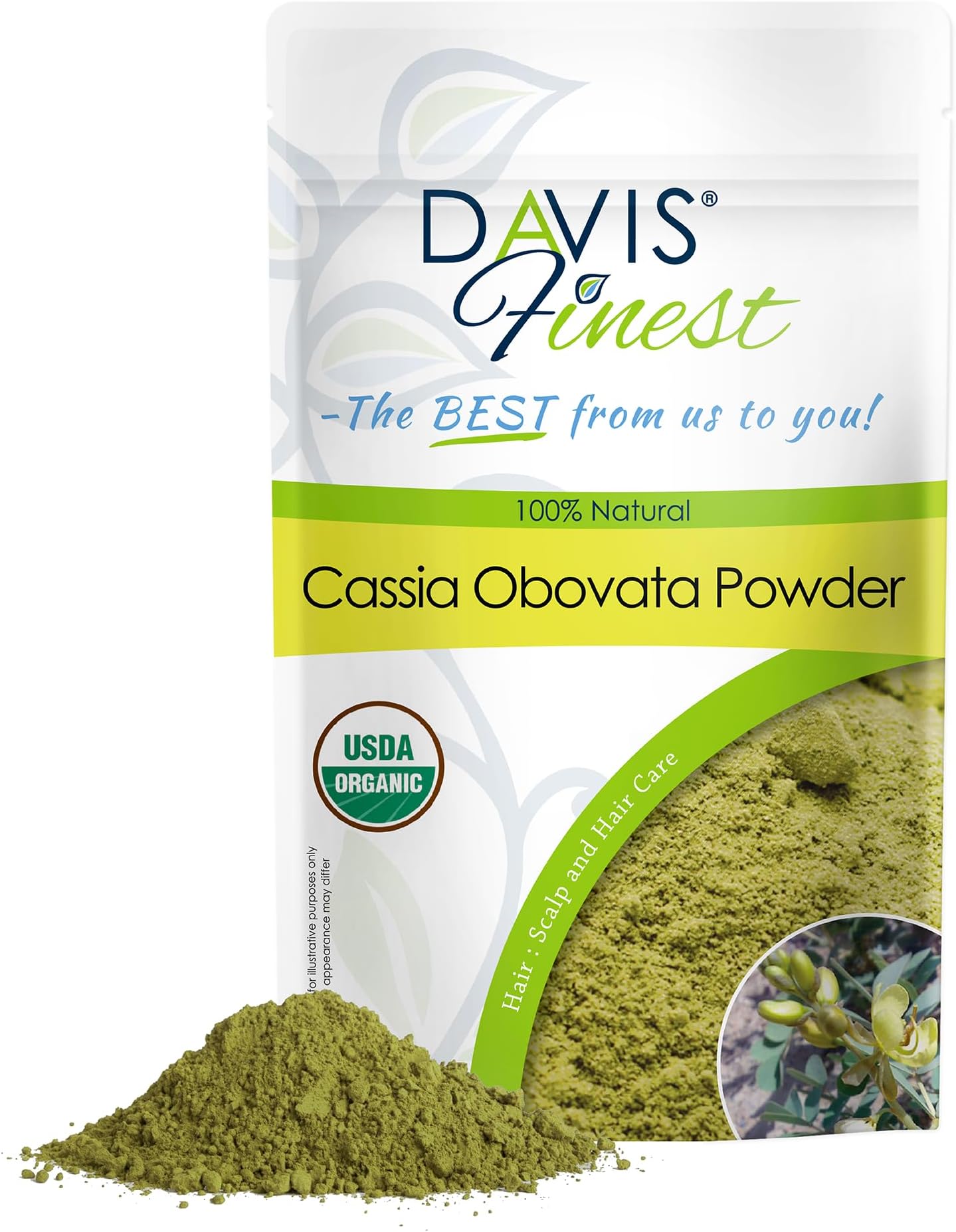 Davis Finest Organic Cassia Obovata Powder 100g, Neutral Henna Natural Hair Strengthening, Hair Mask, Blonde Hair Dye, Shine Conditioner