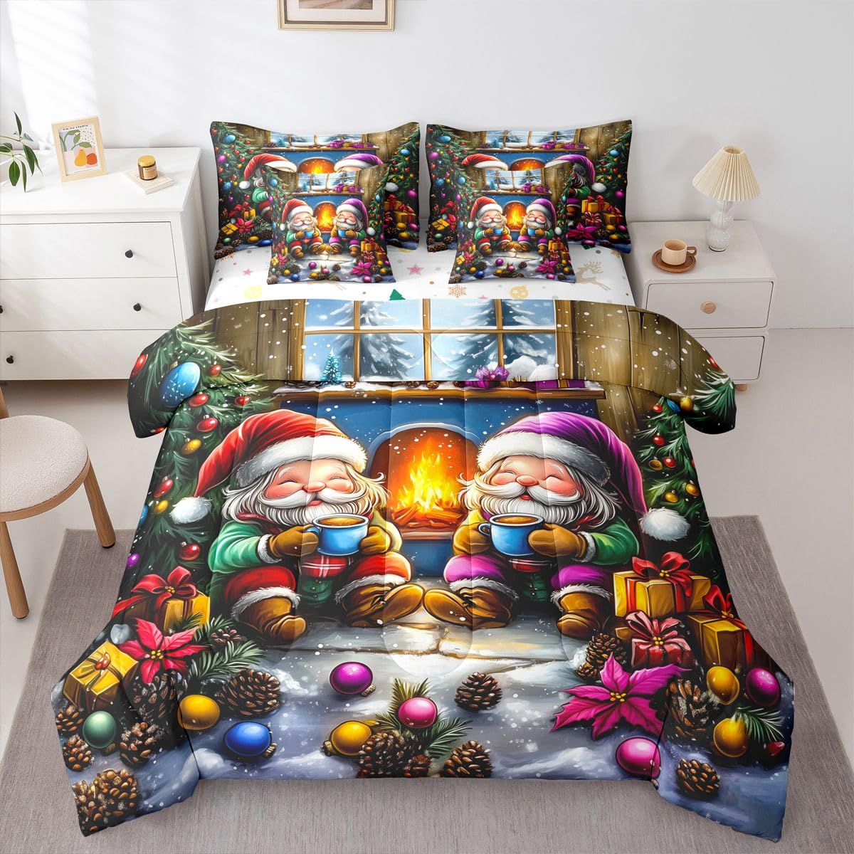 Castle Fairy Merry Christmas Comforter Set Full Size 7 Pcs,Cute Santa Gnome Bedding Set for Woman Girls Teens Bedroom Decor,Winter Lodge Cabin Bed in a Bag with Comforter,Sheets and Pillow Cases