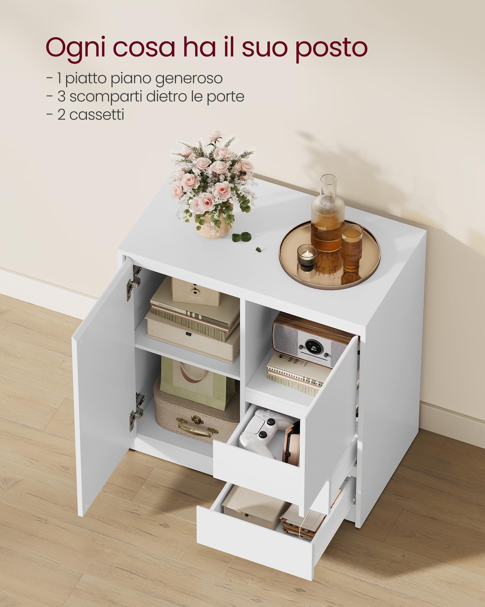 VASAGLE Collezione KAILYN - Credenza, Mobile Contenitore, con Anta e Ripiano Regolabile, 2 Cassetti, 40 x 70 x 74,5 cm, per Soggiorno, Sala da Pranzo, Ufficio, Bianco Nuvola BBK243W01V1