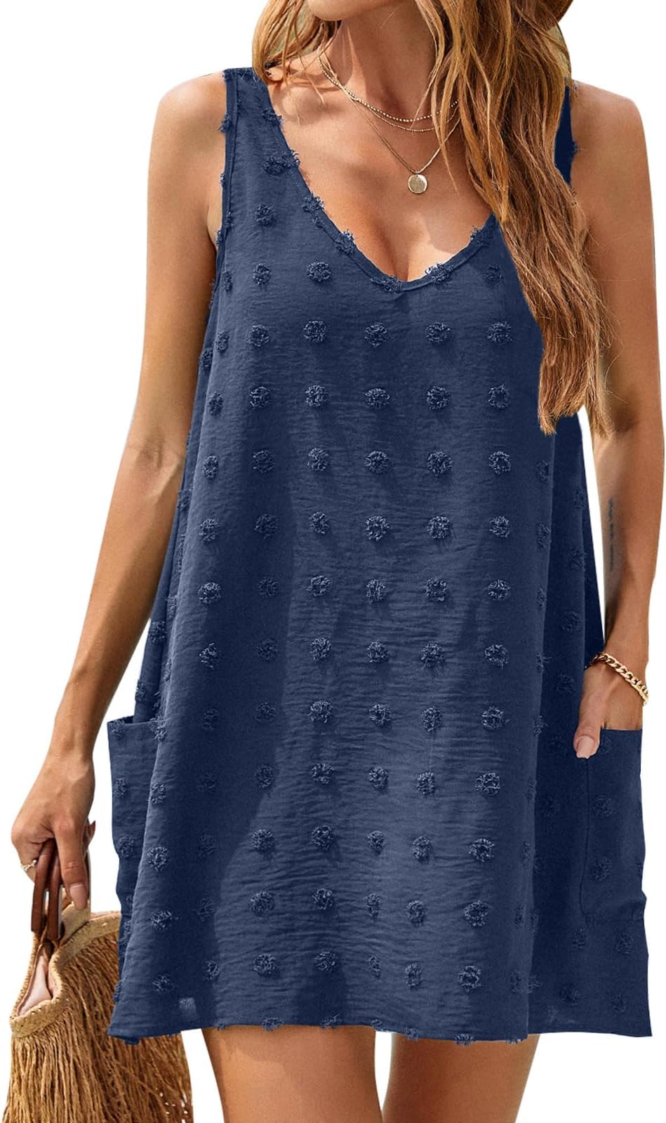 BUNSLOOM Sommerkleider Damen Swiss Polka Dot Beach Cover Up V-Ausschnitt Tankkleider mit Taschen