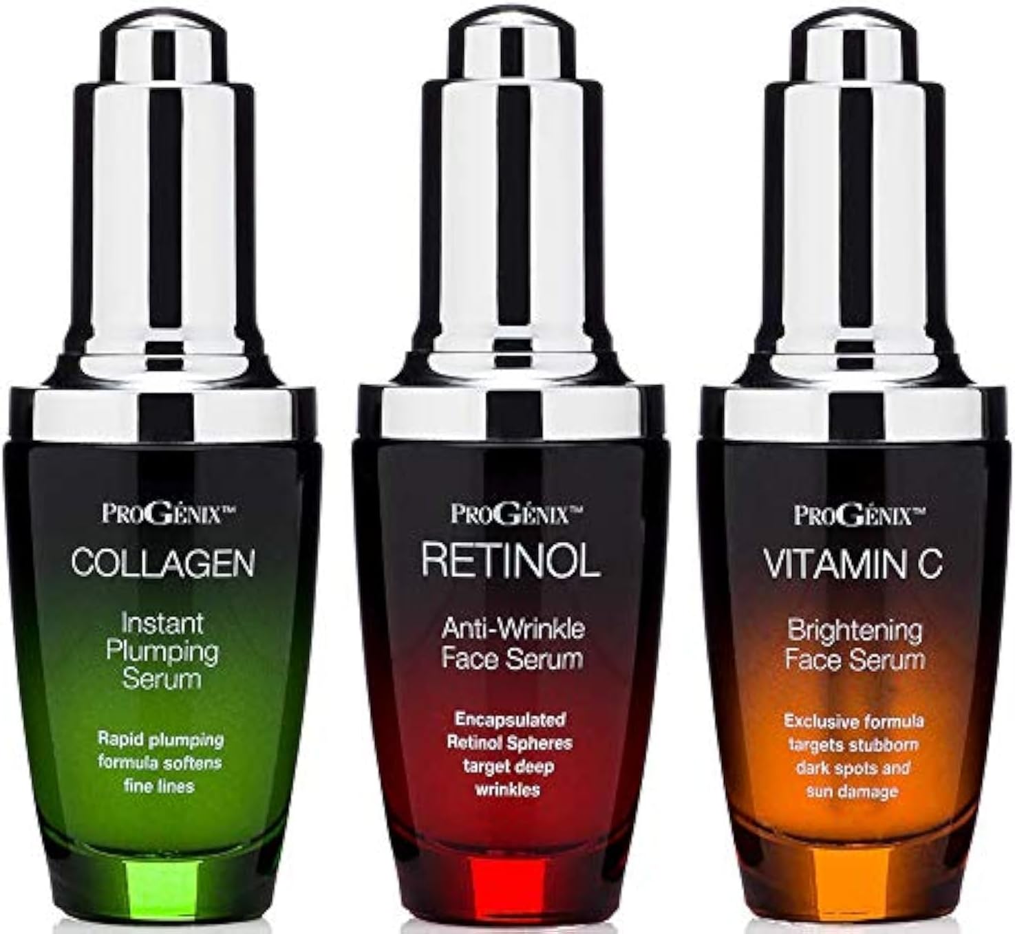 Progenix Professional Skin Care Set. Anti-aging Serum Set Contains Collagen Serum, Retinol Serum, Vitamin C Serum. Helps W/Appearance Of Wrinkles, Plump Skin, & Brighten Skin, 1 Fl Oz (3-Pack)
