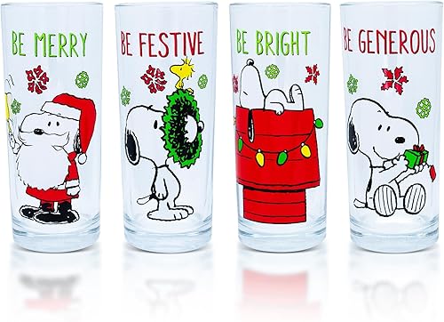 Silver Buffalo Peanuts Snoopy Holiday Fun - Juego de 4 vasos de cerveza para licor bebidas de pub cada uno tiene capacidad para 16 onzas