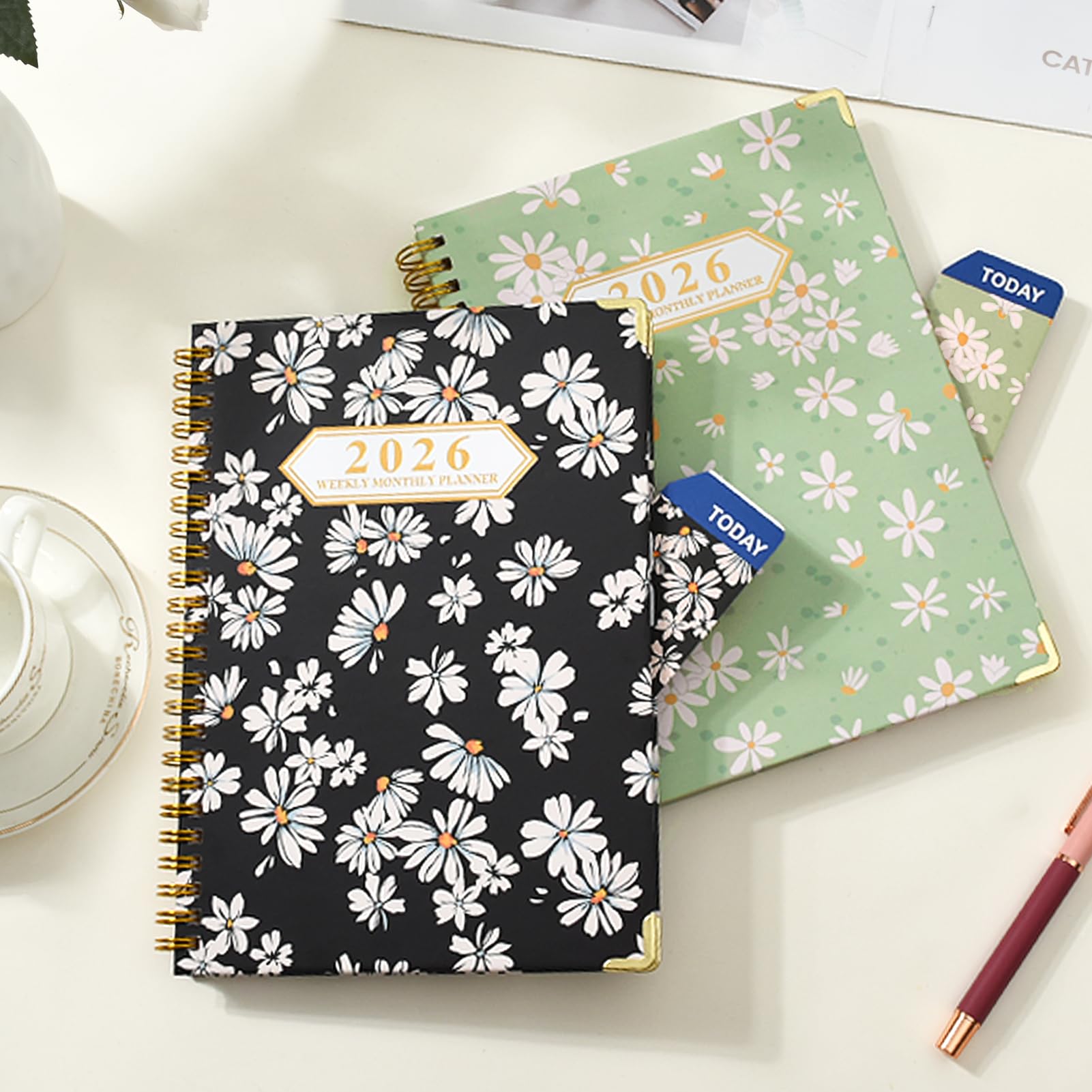 Knagsfa 2026 Monthly Planner, Jan.2026 - Dec.2026 Weekly Monthly Planner 6.25"x8.5" with Page Tabs, Calendar Hardcover with Inner Pocket, Elastic Band, Twin-Wire Binding, Bookmark, Green Daisy - Image 2