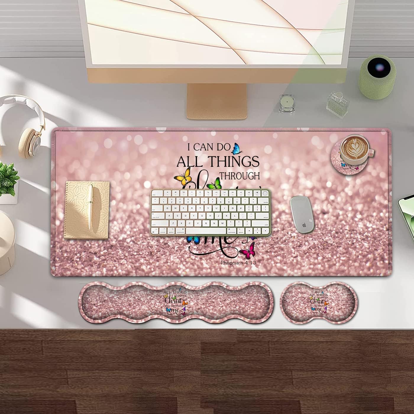 Large Gaming Mouse Pad,Extended Office Desk Mat,Waterproof Desk Writing Pad for Home Ergonomic Mouse &Keyboard Wrist Rest,Philippians 4:13 Bible Glitter Laptop Desk Pad Pink Mousepad Wrist Support