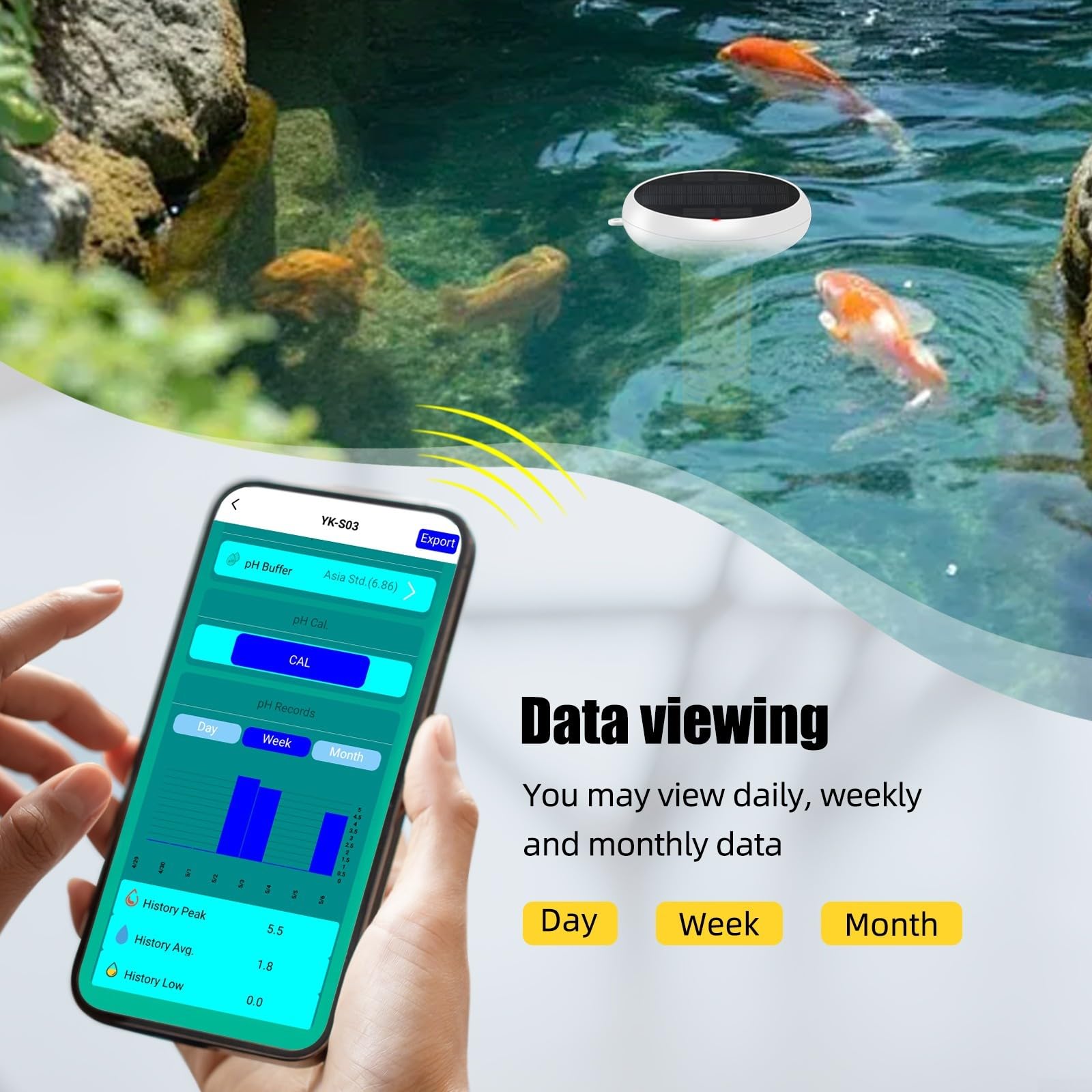Moniteur intelligent de qualité de l'eau de piscine 7 en 1 pour application Tuya – Testeur de pH de salinité ORP CL WiFi avec données en temps réel pour l'accès aux piscines et spas 210 x 165 mm (B)