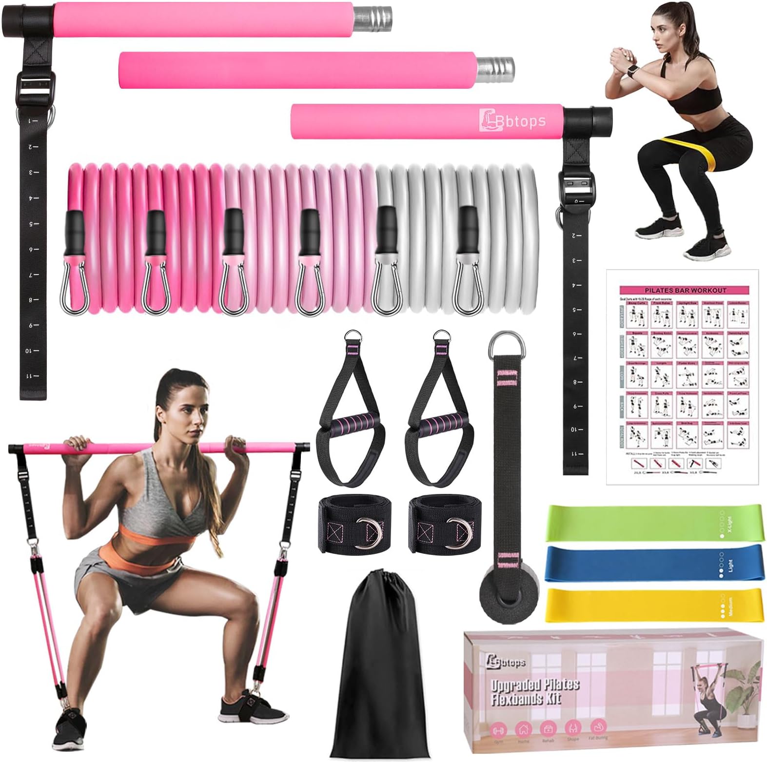 Bbtops Pilates Bar Kit with Resistance Bands,Pilates Bar with Stackable Bands Workout Equipment for Legs,Hip,Waist and Arm,Exercise Fitness Equipment for Women & Men Home Gym Yoga Pilates