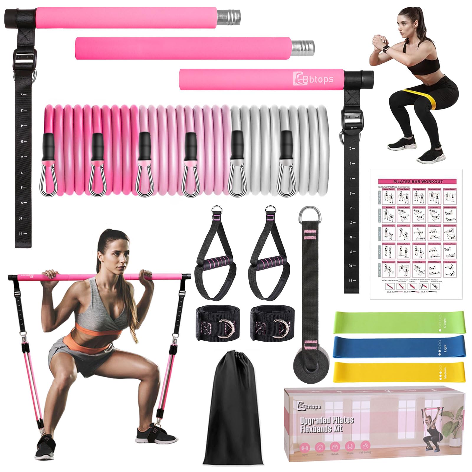 Bbtops Pilates Bar Kit with Resistance Bands, Upgraded Multifunctional Screw Yoga Pilates Bar with Metal Adjustment Buckle, Portable Home Gym Pilates Bar for Women Full Body Workout Equipment Pink