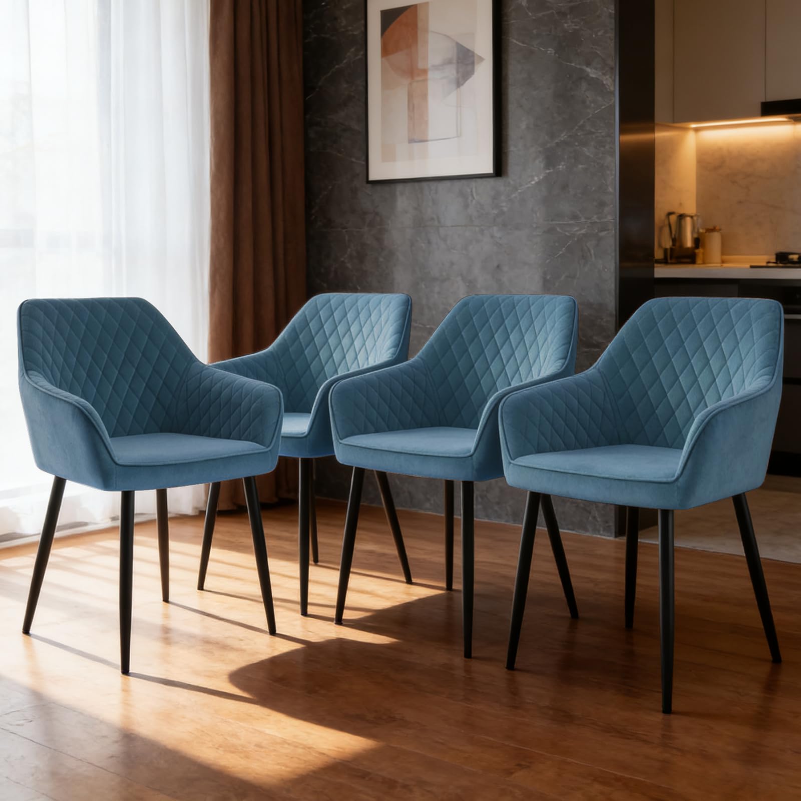 ZOONFA Upholstered Dining Chair Set of 4 Velvet Kitchen Chairs with Black Metal Legs Curved Backrest and Armrest Accent Chair for Dining Room Living Room (Teal)