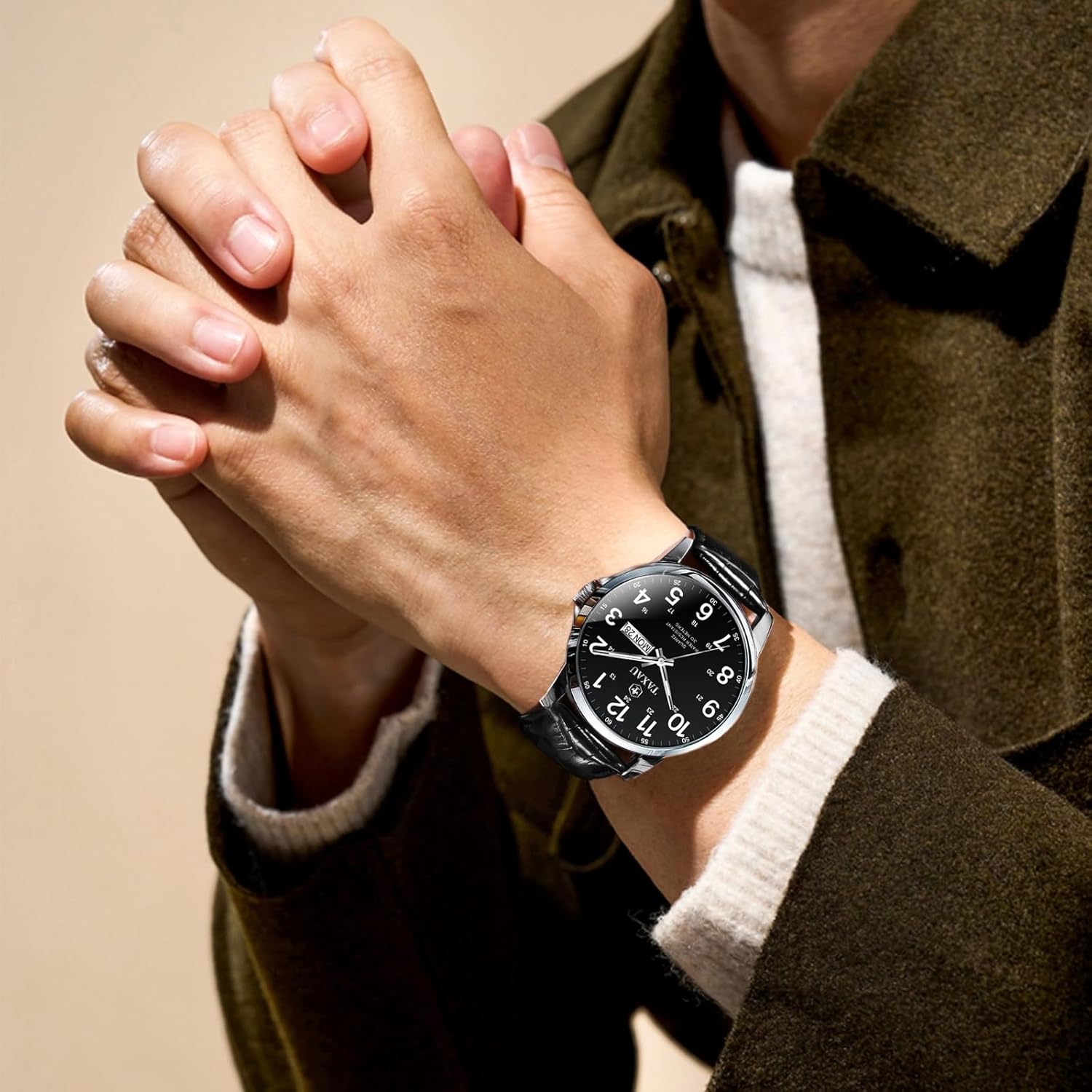 Men's Watches Leather Band Stainless Steel Quartz Analog Watch Luxury Waterproof Watches for Men Dress Men's Wrist Watch with Day Date Arabic Numeral Relojes para Hombre - Image 3