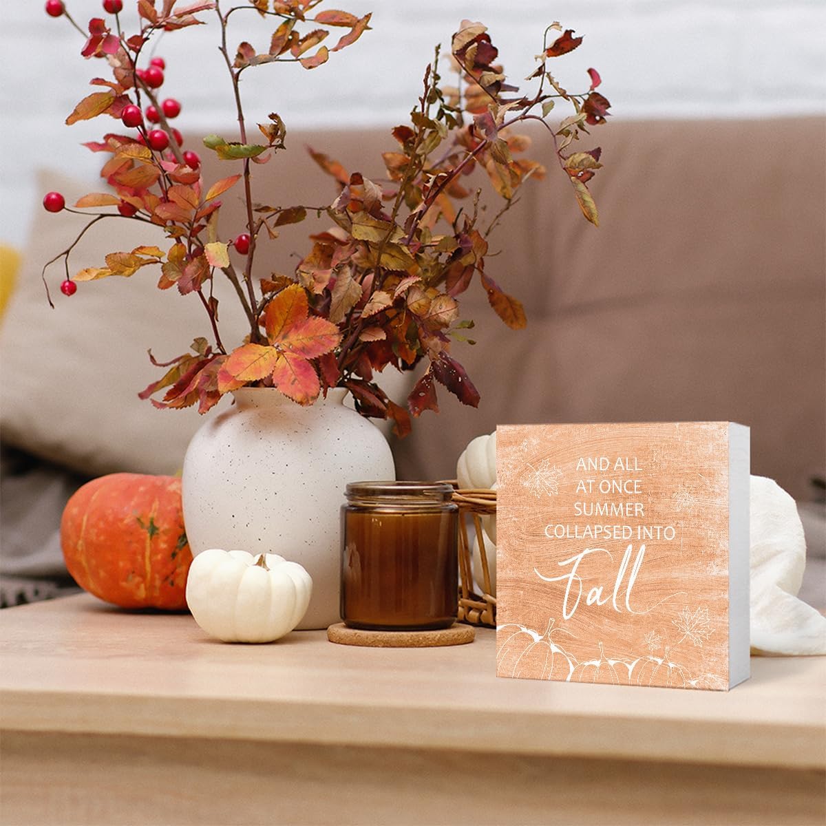 Funny Autumn Wood Box Sign Into Fall Wooden Block Desk Decor for Home Office Kitchen Cubicle Table Shelf Tabletop,Farmhouse Fall Sign Decor image 4