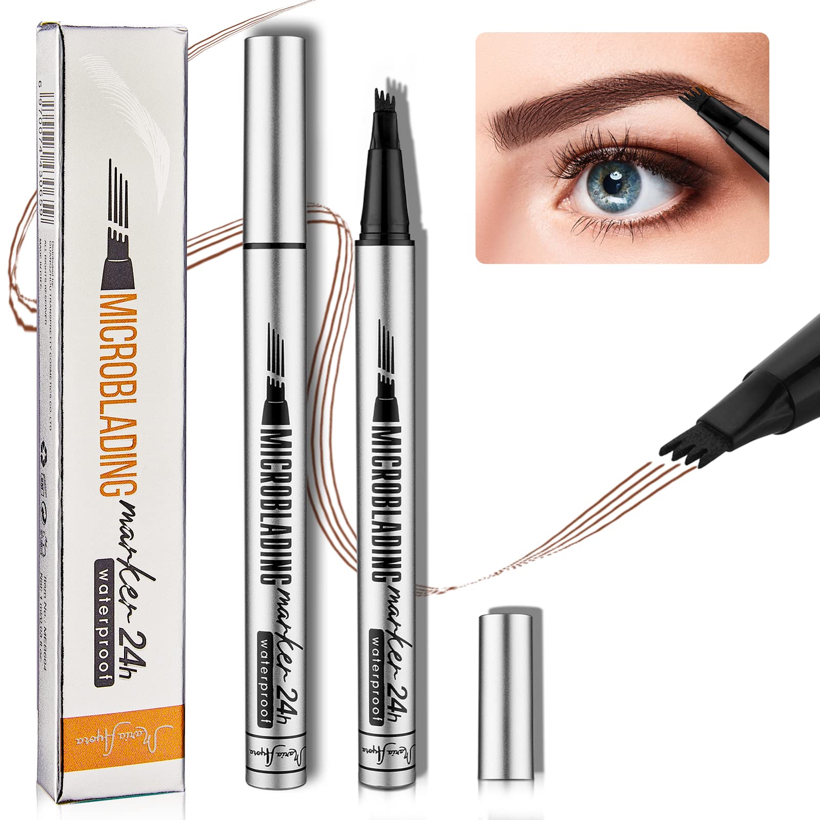 MARIA AYORA 2 Pcs Microblading Eyebrow Pen,4 Points Eyebrow Tattoo Makeup,Micro-Fork Tip,Waterproof,Smudgeproof,Long lasting,(Dark Brown)