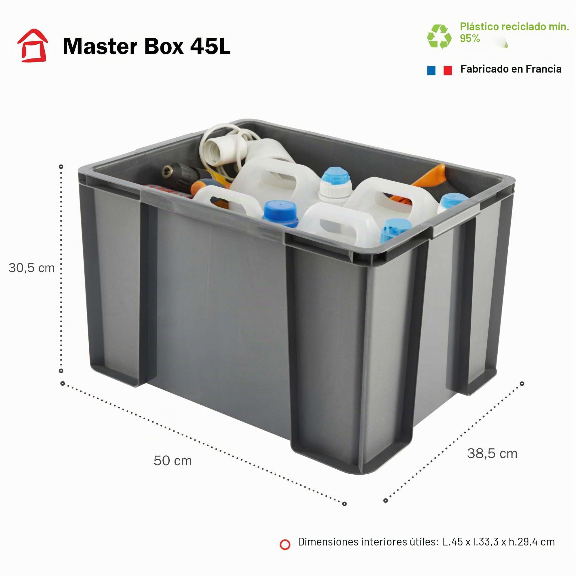 Sundis lote de 3 MASTER BOX, 45L, Modular y apilable, Gris antracita | Paredes rectas, apilables y combinables, ideales para el taller, el transporte, el garaje y el bricolaje