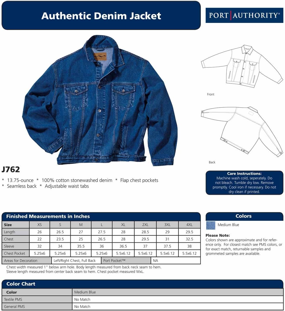 Port Authority Men's Big Authentic Denim Jacket - Medium Blue - XXXX-Large Big