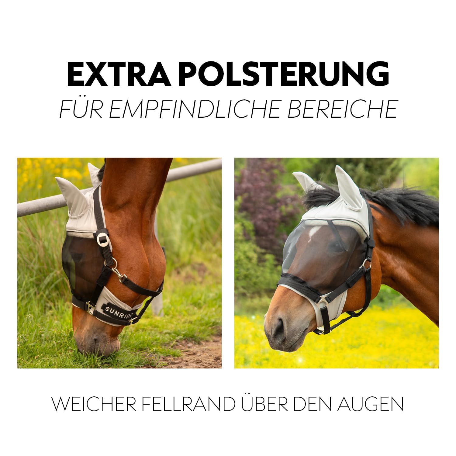 SUNRIDE Fliegenmaske mit Halfter (Dubai) für Pferde - für Trensen geeignet - mit UV-Schutz - Fellrand über den Augen - atmungsaktiv, weich, elastisch, waschbar - grau (Cob)