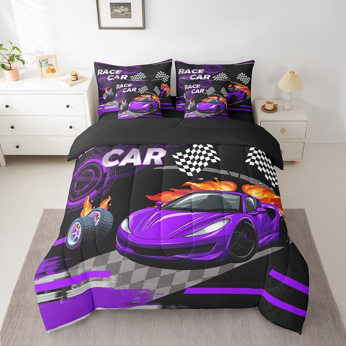 Feelyou Purple Race car Comforter Set Twin 7 Pcs Speed Sports Car Boys Girls Automobile Racing Car Bedding Set Extreme Sports Theme Bed in a Bag with Comforter, Sheets, Pillowcases & Cushion Cover