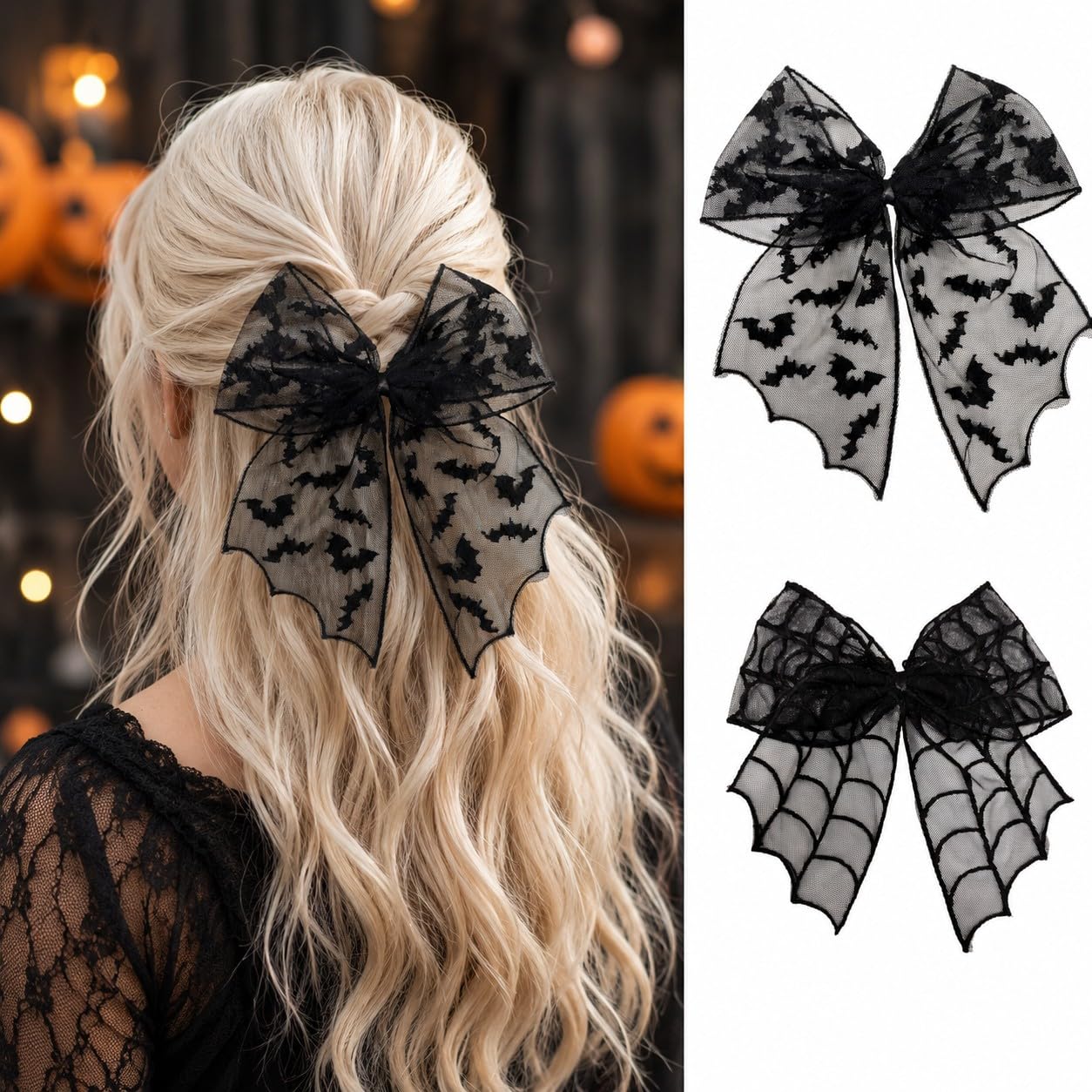 2PCS Halloween Hair Bows Black Spider Web & Bat Alligator Clips