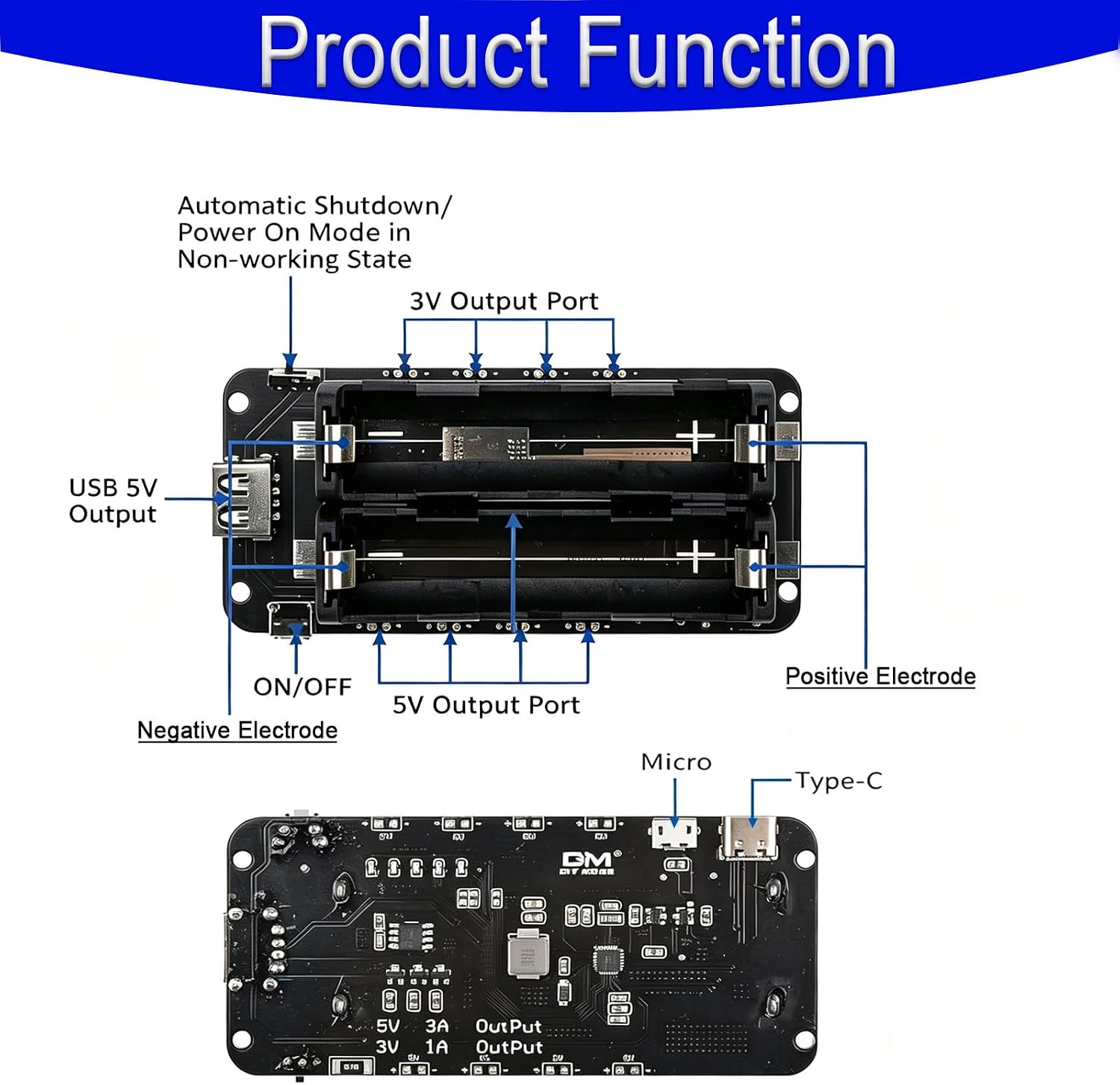 5V/3A 3V/1A V8 18650 Battery Holder, 18650 Battery Pack Li-ion Battery with Dual Compartment Support Micro USB Battery Shield