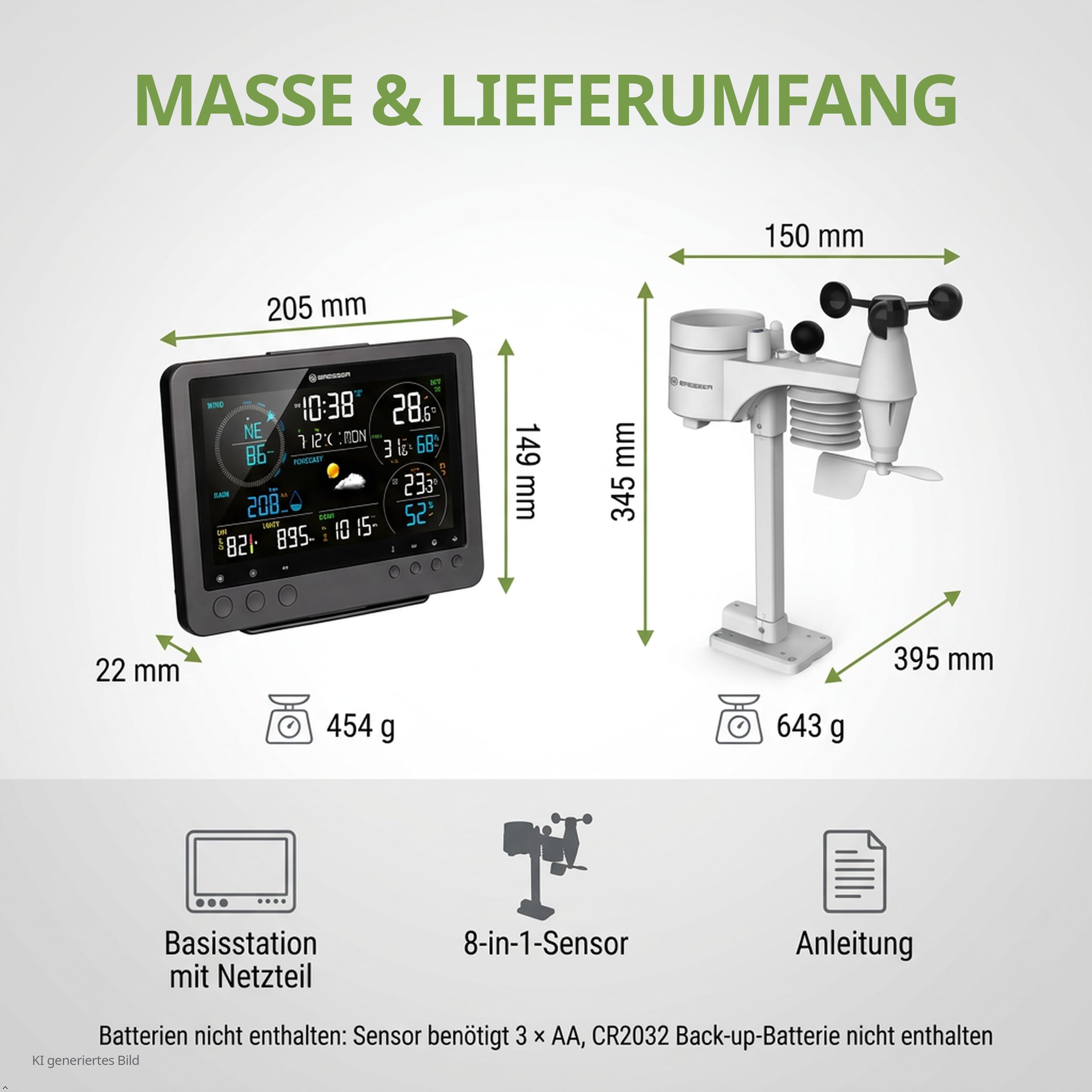 Bresser Bise Profi WLAN Wetterstation Funk mit 8 in 1 Außensensor | Innentemperatur und Außentemperatur, Luftfeuchtigkeit, Regenmesser, Windmesser, Wettervorhersage, App, WBGT