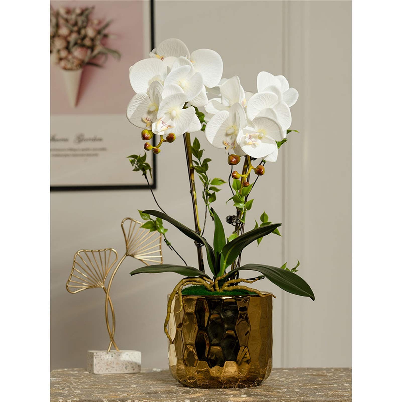 Sztuczny Kwiat Sztuczne Kwiaty Storczyk Phalaenopsis Sztuczne Kwiaty W Złotej Ceramicznej Doniczce Kompozycja Kwiatowa Wesele Przyjęcie Stół Jadalny Dekoracja Domu I Biura(Biały)