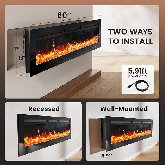 Silonn 60Smart Electric Fireplace Heater with App & Remote Control, 4777 BTU Heat Output, Ultra-Slim Wall-Mounted or Recessed Electric Fireplace Inserts with Timer, 20 Flame Colors,WiFi Enabled