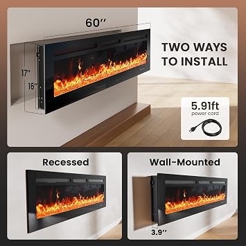 Silonn 60Smart Electric Fireplace Heater with App & Remote Control, 4777 BTU Heat Output, Ultra-Slim Wall-Mounted or Recessed Electric Fireplace Inserts with Timer, 20 Flame Colors,WiFi Enabled