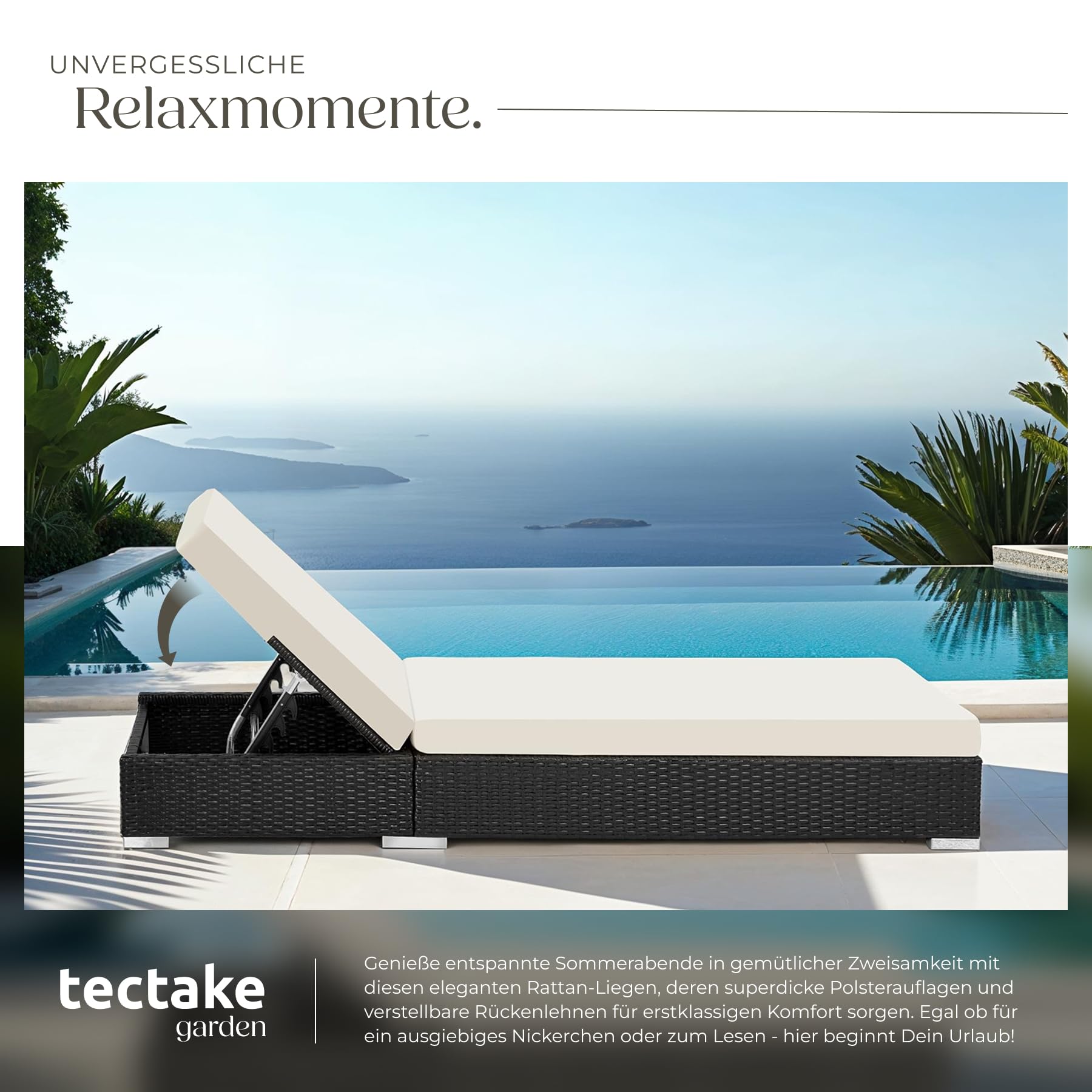 tectake® 2er Garten Lounge Sonnenliegen Set mit Tisch, Aluminium Gartenliege, Gartenlounge Outdoor, Relaxliege inkl. 2 Bezugsets und Schutzhülle, Outdoor Poly Rattan Gartenmöbel Set, 2er Set - schwarz