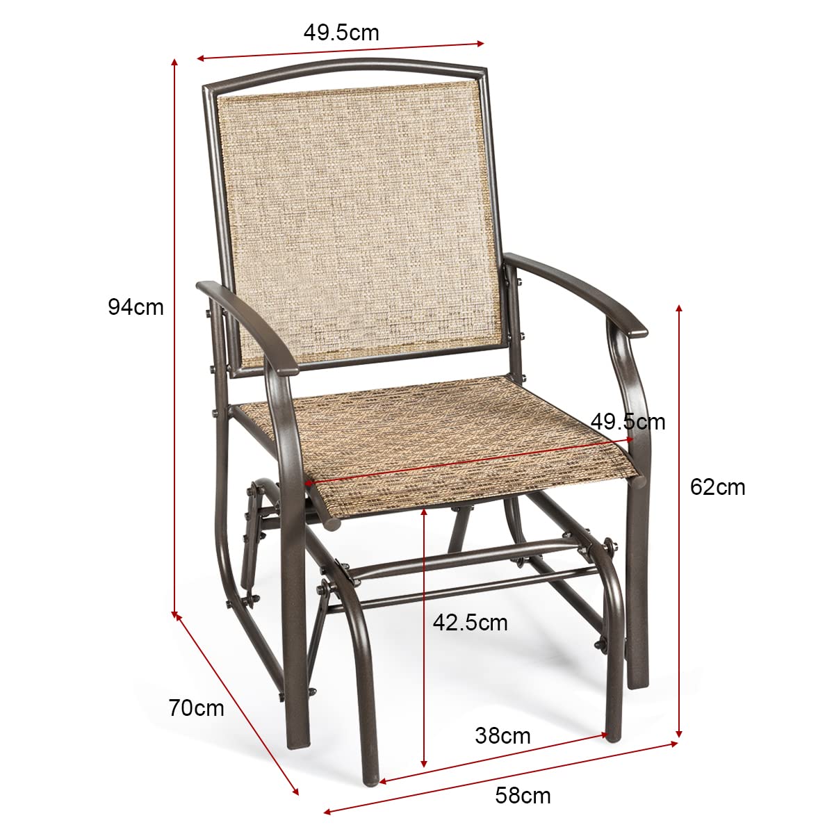 KOMFOTTEU Juego de 2 Sillas Mecedora de Jardín Exterior, Banco Balancín Individual de Tela con Marco de Metal, Conjunto de 2 Sillones con Carga 150 kg para Patio, Balcón, Terreza