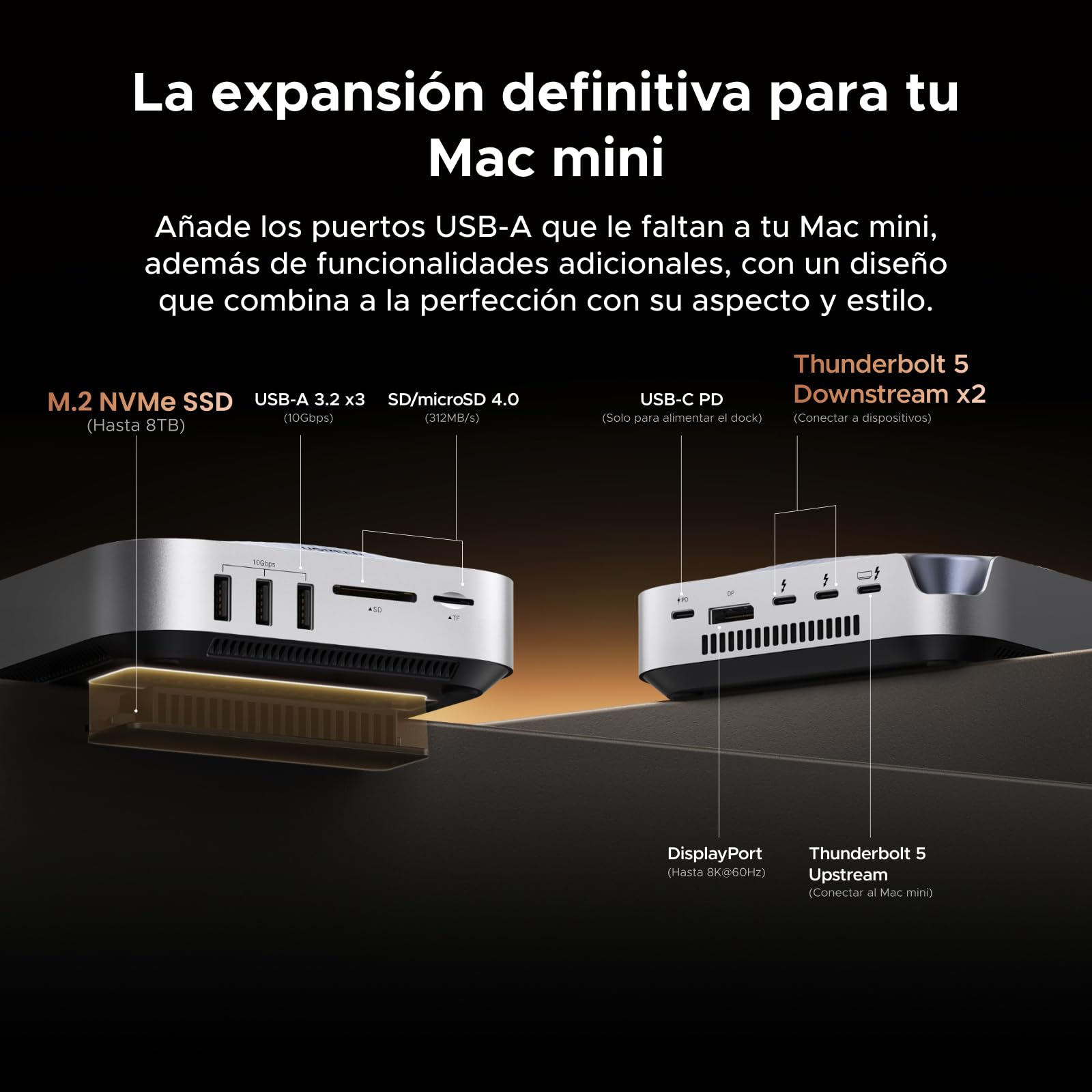 UGREEN Maxidol Thunderbolt 5 Docking Station USB C Extensión Doble Pantalla | 10 en 1, 2 TBT5, 1 DP, Doble 6K60Hz, Único 8K60Hz, 120Gbps, Múltiples USB, SD TF 4.0, Carcasa M.2 SSD, para Mac Mini Pro M4
